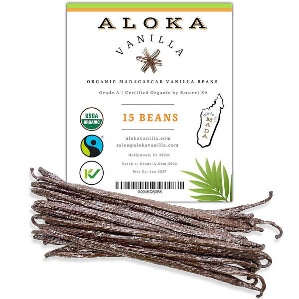 15 Organic Madagascar Vanilla Beans | Grade A Bourbon Vanilla Pods | Gourmet Whole Vanilla Beans for Baking, Cooking & Extract Making | Rich Aroma & Flavor