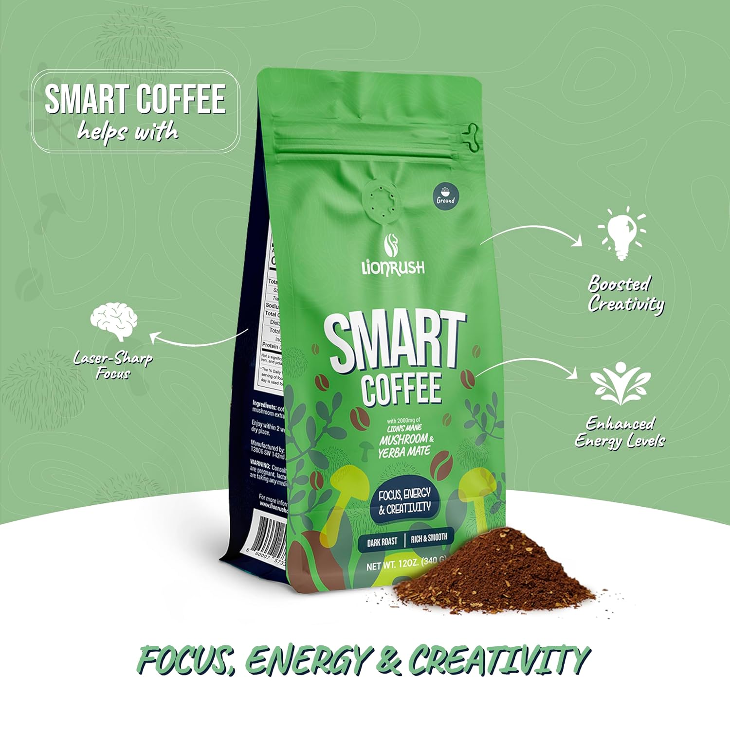 Lionrush Smart Coffee – Ground Dark Roast with Yerba Mate, Lion’s Mane & Adaptogens – Boost Focus, Energy & Creativity – Functional Coffee with Low Acid, Antioxidants – Keto, Non-GMO – 12oz Bag