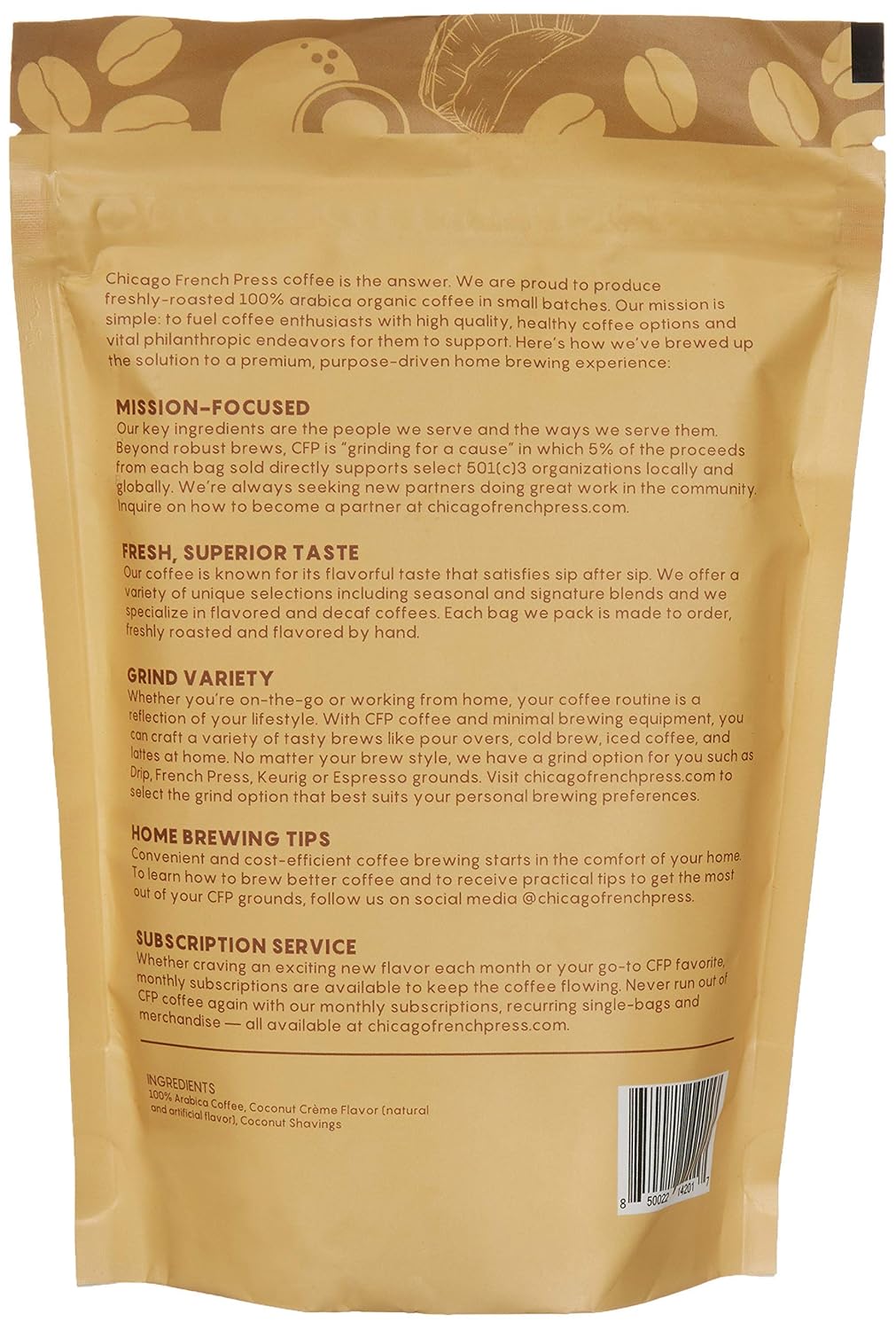 Chicago French Press - Coconut Crème - Freshly Ground Coffee - Derived from Natural Flavors (Real Coconut Shavings)