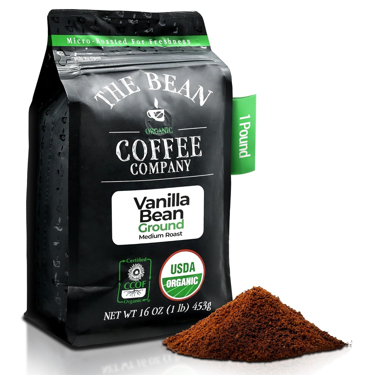 The Bean Organic Coffee Company Aloha Bean (Hawaiian Hazelnut) and Vanilla Bean, Medium Roast, Ground Coffee, 16-Ounce Bag,Café molido tostado organico