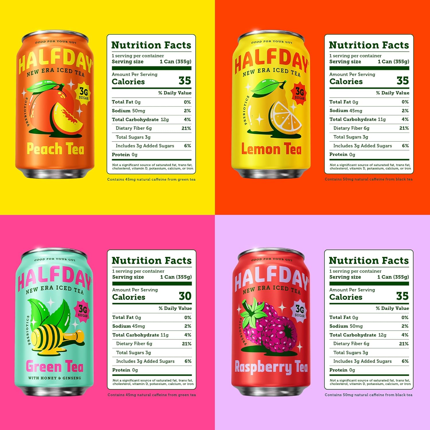 HALFDAY Prebiotic Iced Tea Lemon, Peach, Raspberry and Green Tea with Honey & Ginseng Variety Pack, Gut Health, Plant Fiber & Prebiotics, Low Sugar, 35 Calories, Natural Caffeine, 12 fl oz (12 pack) Packaging May Vary