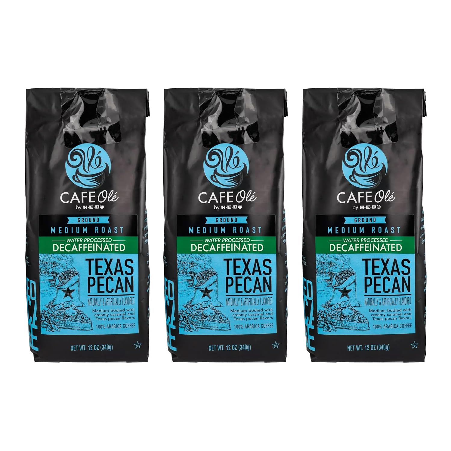 Cafe Ole - Texas Pecan Decaffeinated Coffee - Ground Decaf - 12 oz. (3 Pack)