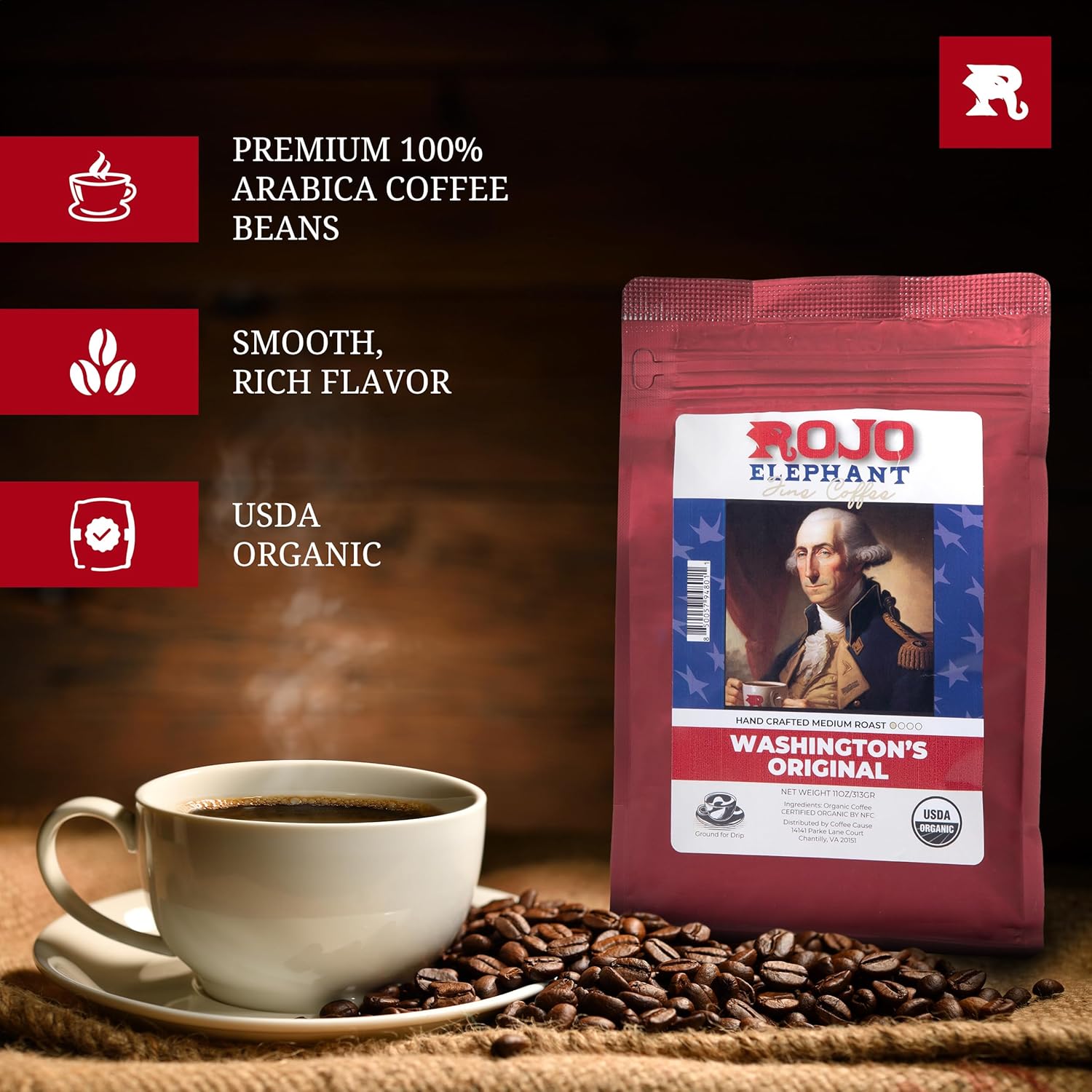 Rojo Elephant Washington Original Handcrafted Ground Coffee, Made From 100% Arabica Beans, Premium Medium Roast, Smooth, Rich Flavor, USDA Organic, 11 0z Pack