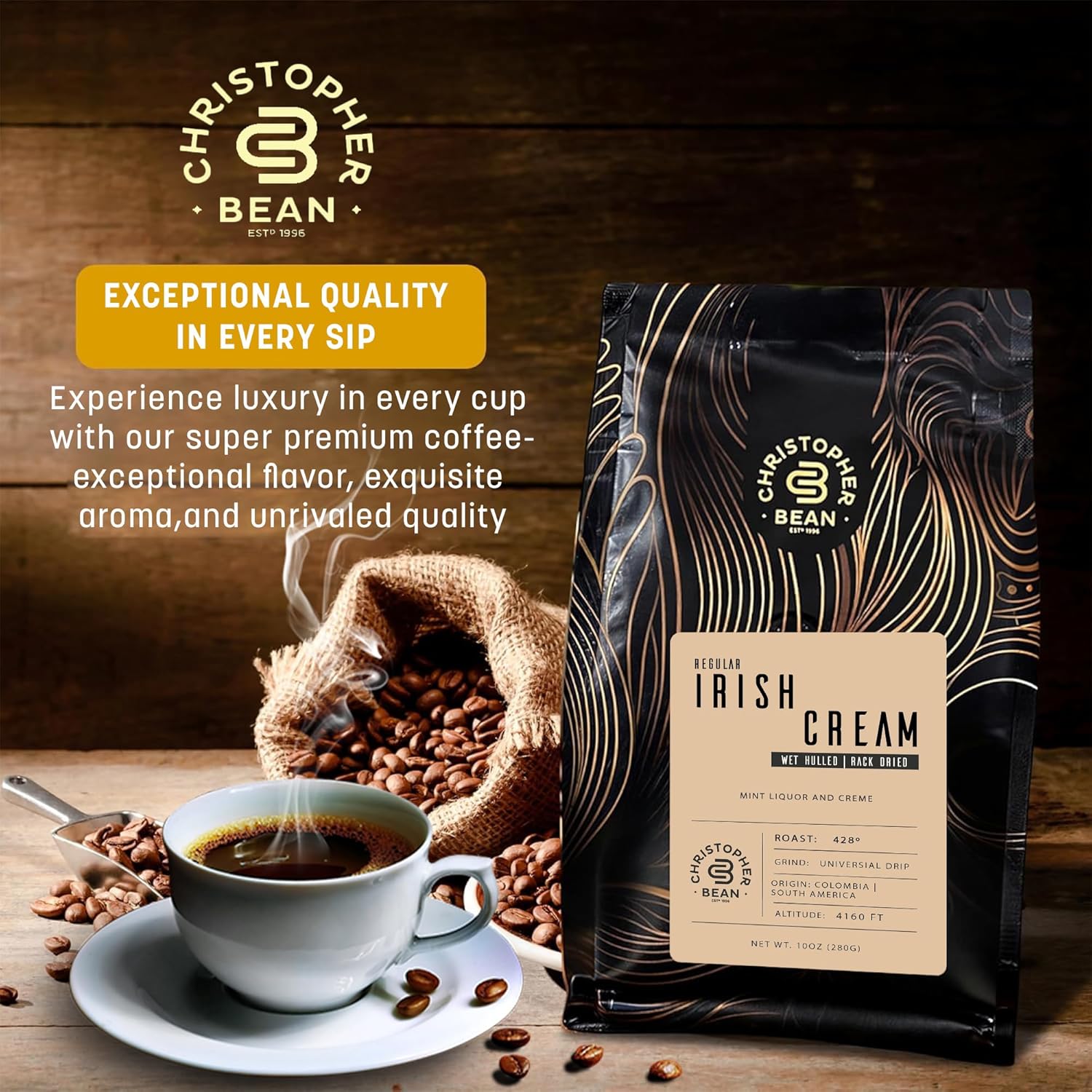 Christopher Bean Coffee - Regular Ground Universal Drip Irish Cream Flavored Coffee| Coffee Beans with Medium Roast 100% Arabica, No Sugar, No Fats, Non-Gmo | 10 - Ounce Bag