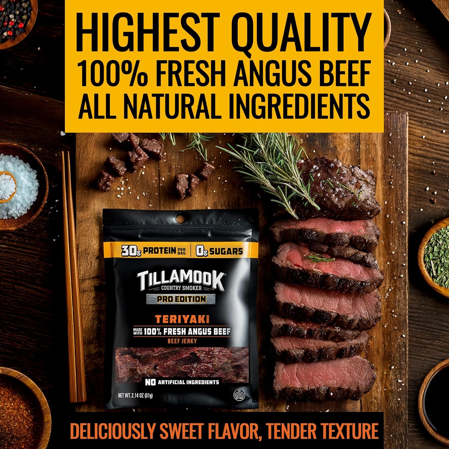 Tillamook Beef Jerky, Country Smoker PRO Edition, Zero Sugar Teriyaki, 2.14 Oz (3 Pack) Real Hardwood Smoked Fresh Angus Beef, Low Carb, High Protein Ready to Eat Keto Snack for Athletes, Gluten Free