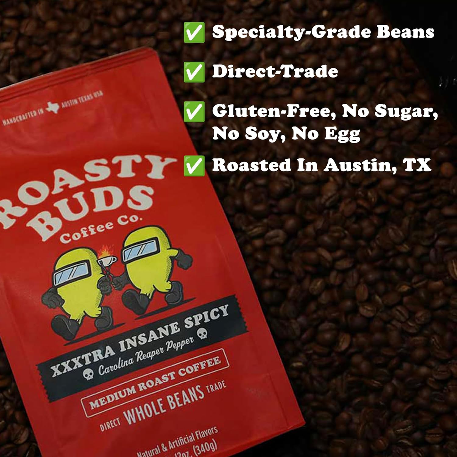 Roasty Buds XXXtra Spicy Carolina Reaper Coffee | Premium Arabica Whole Beans, The Original Spicy Coffee (12 oz) | Gluten-Free, No Sugar/Dairy/Soy/Egg, Medium Roast Coffee (12 Ounce, XXXtra Spicy Carolina Reaper)