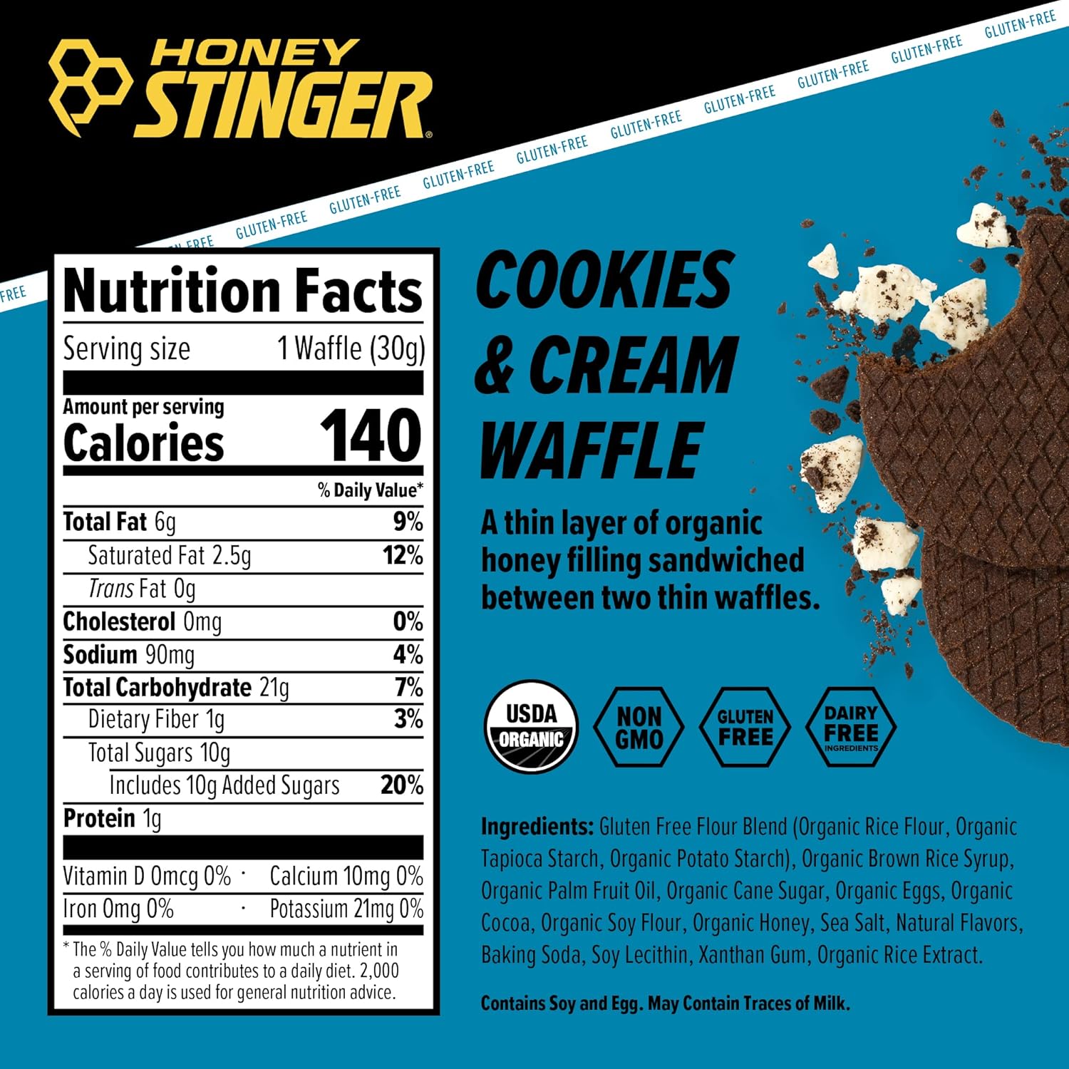 Honey Stinger Organic Gluten Free Cookies & Cream Waffle | Energy Stroopwafel for Exercise, Endurance and Performance | Sports Nutrition for Home & Gym, Pre & During Workout | 16 Waffles, 16.96 Ounce