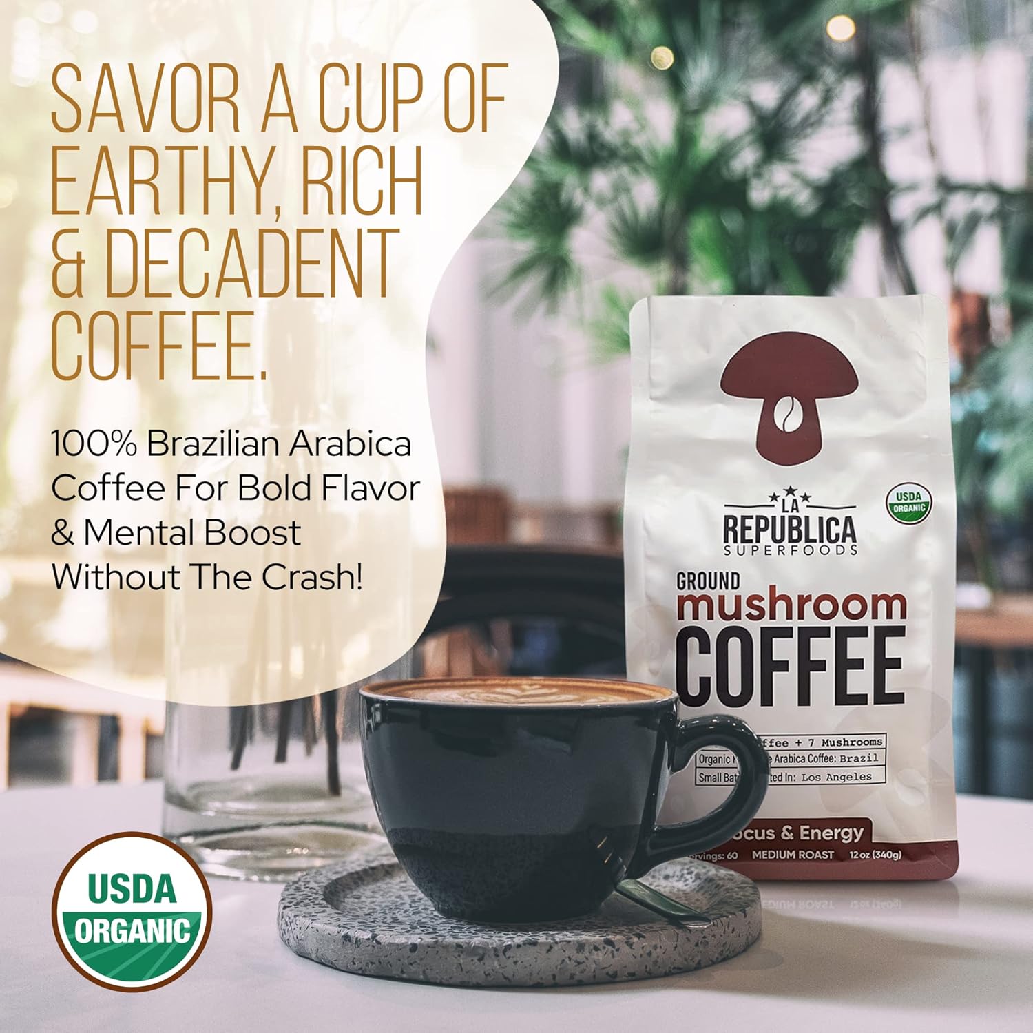La Republica Ground Mushroom Coffee, Organic Fair Trade Arabica with Superfood Mushrooms (Medium Roast, 60 Servings)