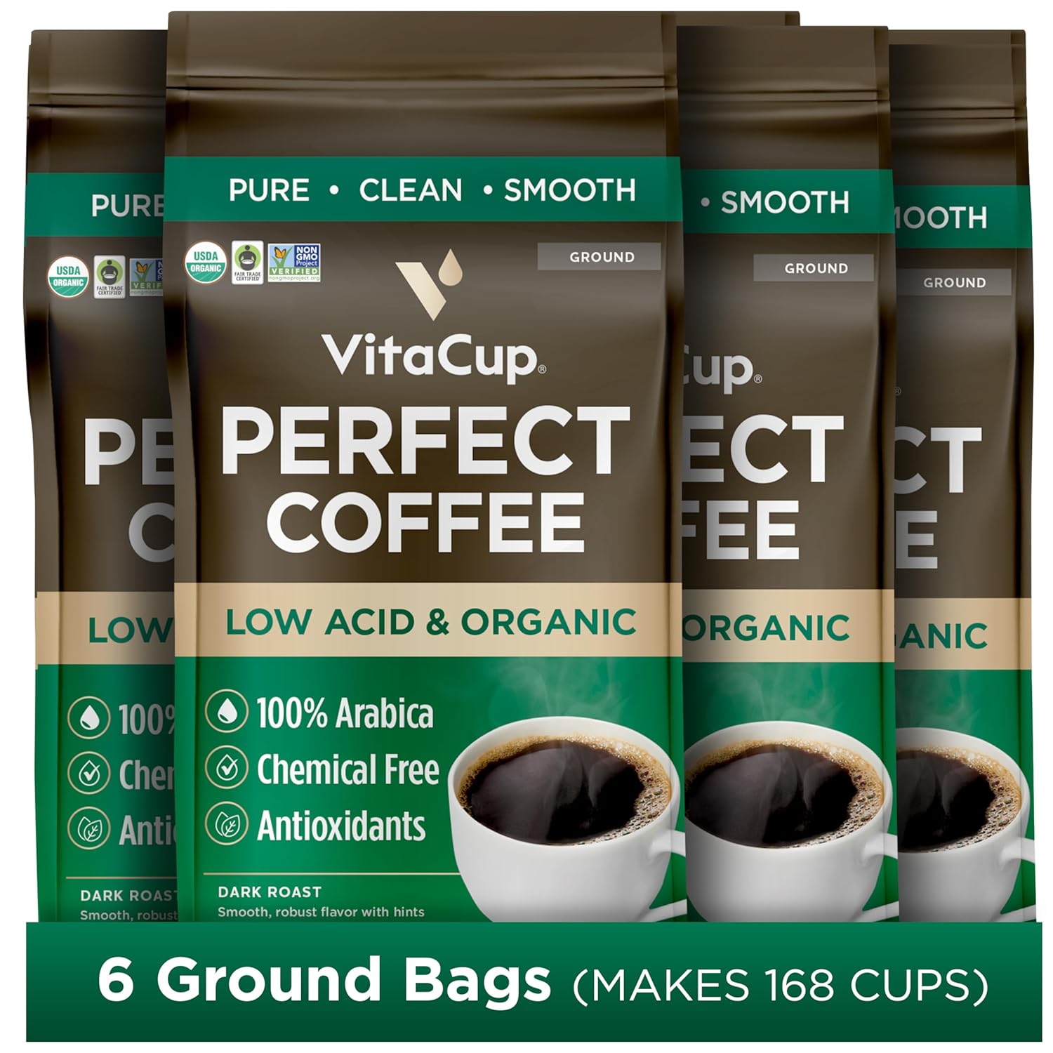 VitaCup Perfect Low Acid Coffee Ground, USDA Organic & Fair Trade, Mycotoxin Free, Dark Roast Guatemala Single Origin, Clean & Pure for Drip Coffee Brewers and French Press, 11 ounces