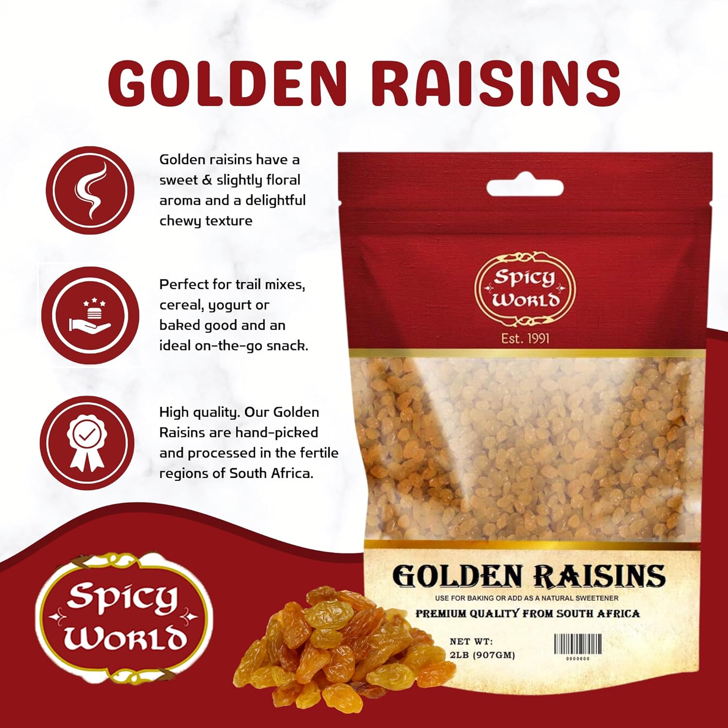 Spicy World Golden Raisins 2 LB Bulk Bag - Sweet & Seedless Sultanas from South Africa | | Perfectly Dried for Natural Sweetness | Ideal Dried Fruit Snack | For Baking & More | No Added Sugar
