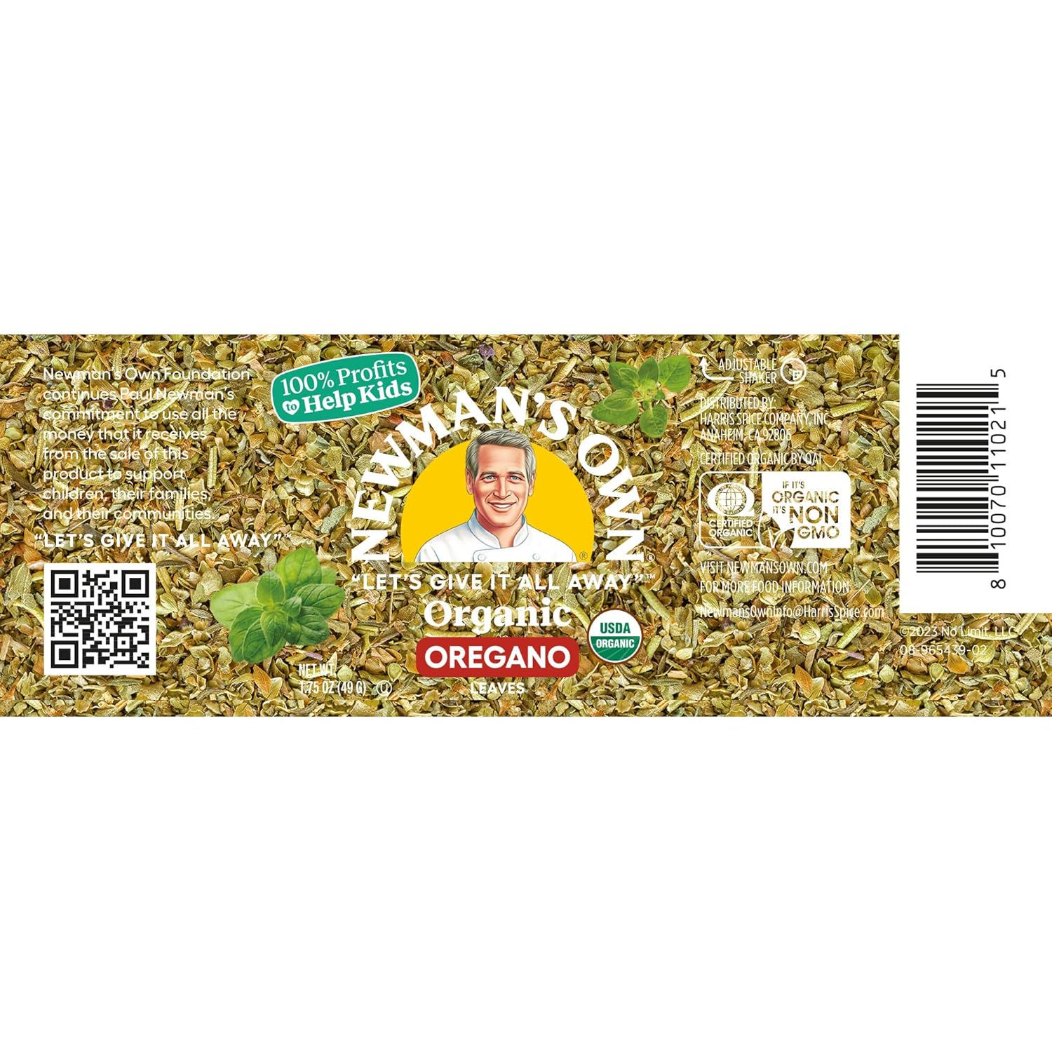 Newman's Own Organic Oregano Leaves; Great on Pasta, Dressings, and Marinades, USDA Certified Organic; Non-GMO; Kosher; 1.75Oz. Bottle