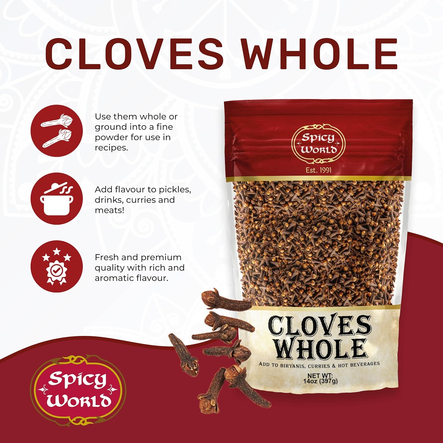 Spicy World Whole Cloves Bulk 14 Oz Bag - Premium Quality - Great for Foods, Clove Tea, Clove Pomander Balls & Potpourri - Aromatic & Richly Flavored Cloves Whole
