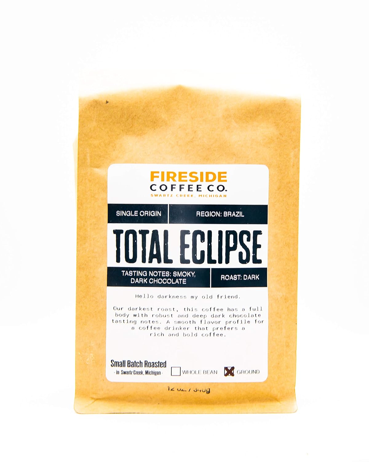 Fireside Coffee Company - Total Eclipse Ground Coffee 12 oz Bag - Farm Direct - Single Origin - Smoky, Dark Chocolate - Roast: Dark - Small Batch Roasted: Ground - Total Eclipse