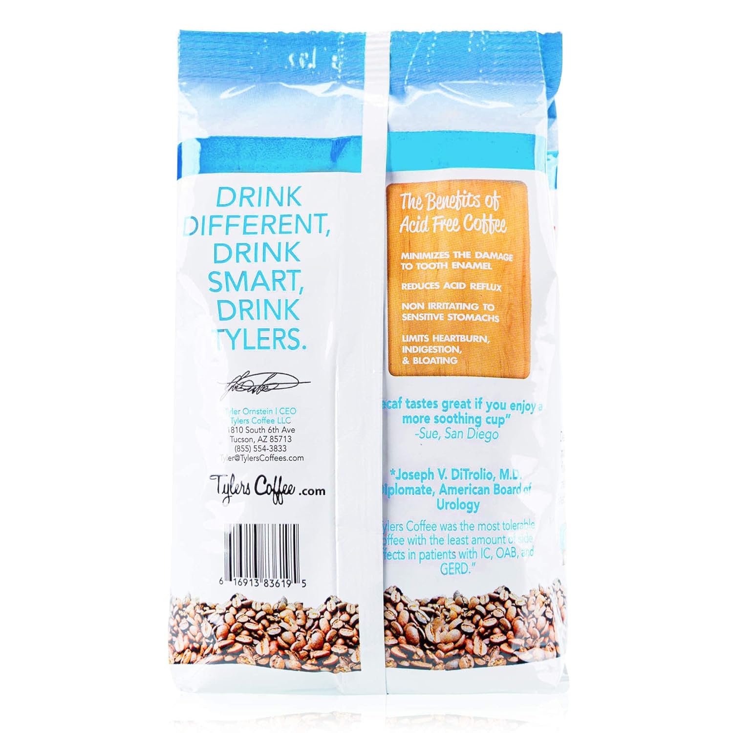 Tyler’s Acid Free Organic Whole Beans - 100% Arabica Full Flavor - Caffeinated No Bitter Aftertaste - For Acid Free Diets- Natural and Organic Blend for Common GI Issues 12 oz