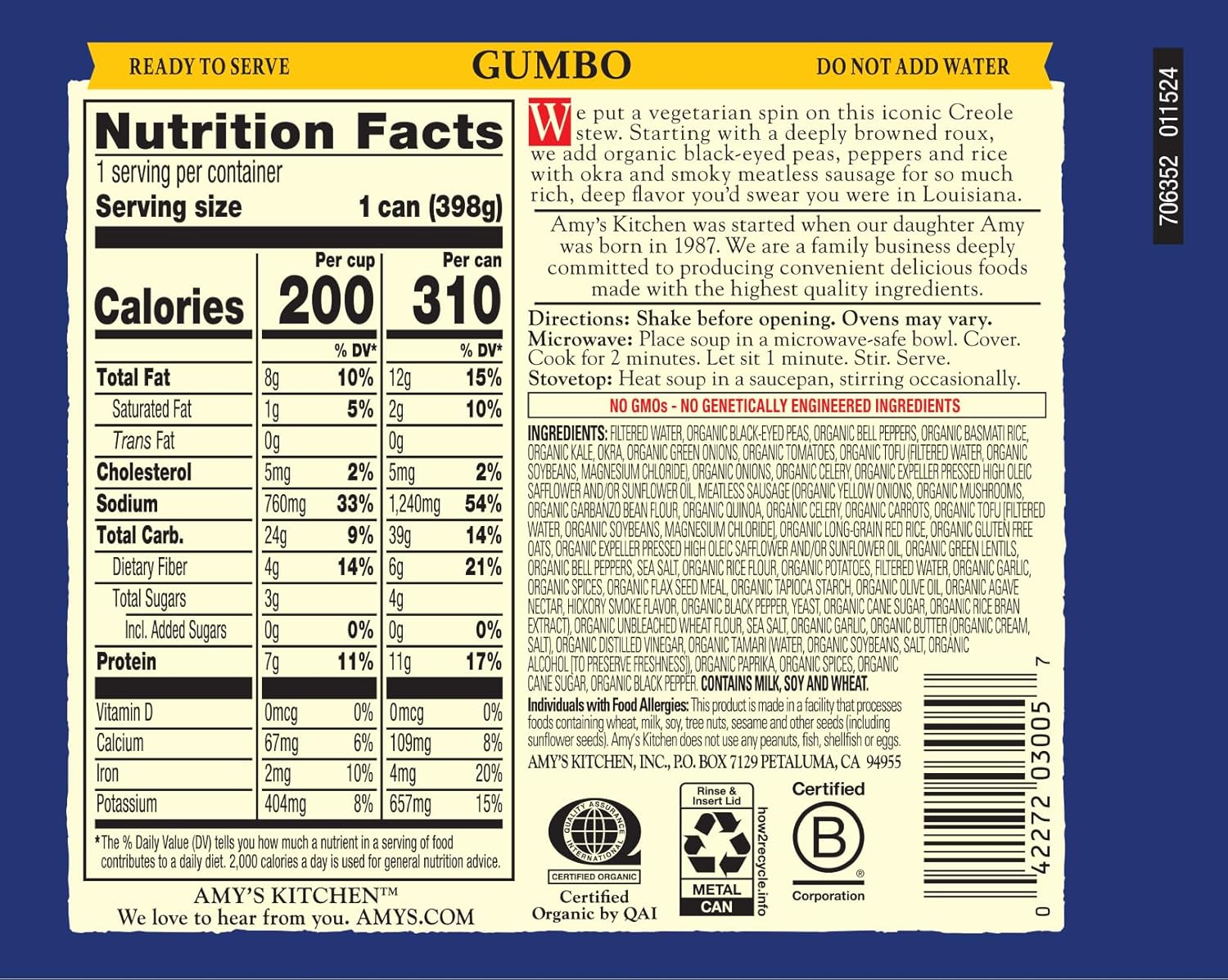 Amy's Soup, Black-Eyed Pea & Kale Gumbo, 14 Oz, Pack of 12