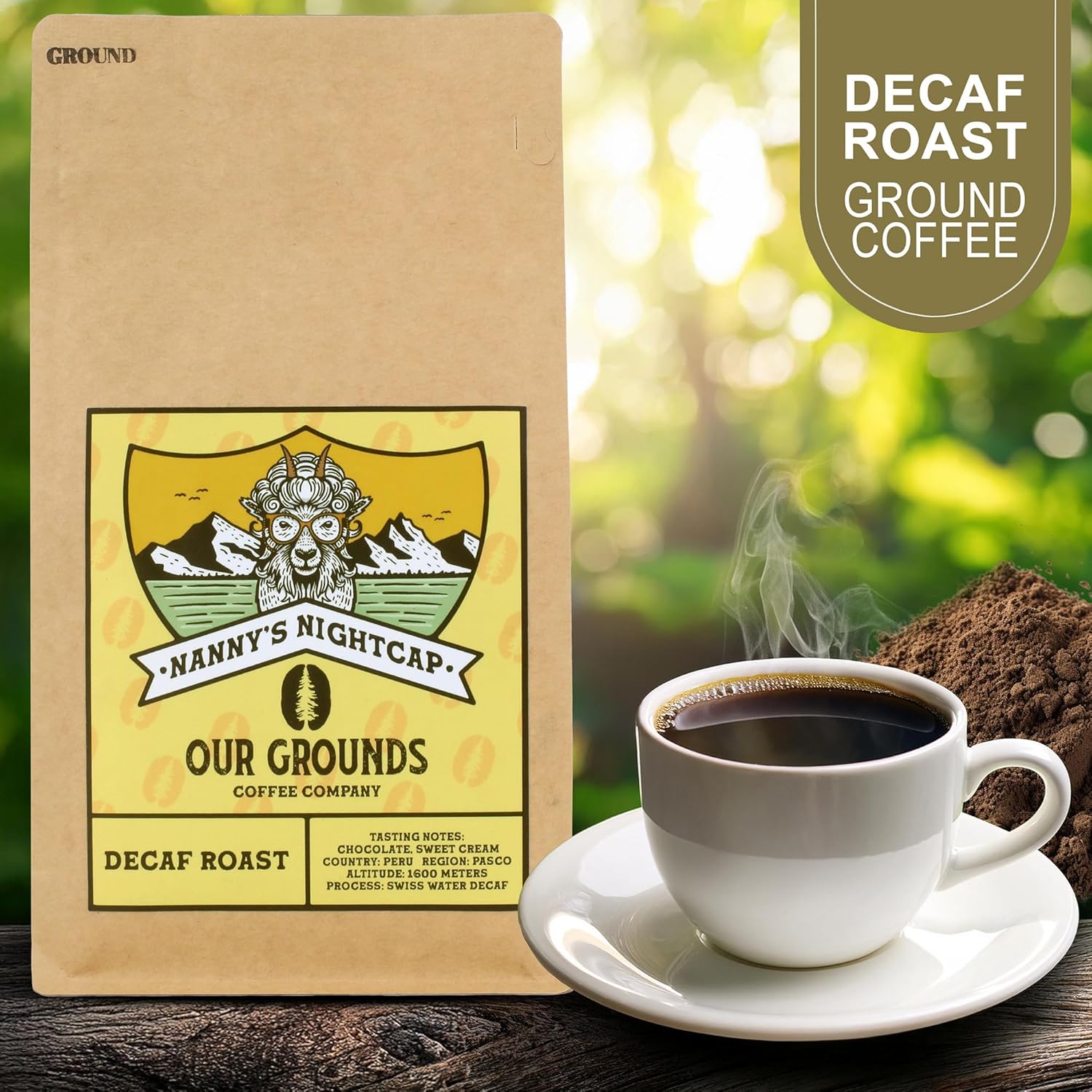 Our Grounds Coffee Nanny's Nightcap - Ground Medium Roast Decaf (100% Arabica Peruvian Coffee) Non GMO- Low Acid- Single Origin - 12oz