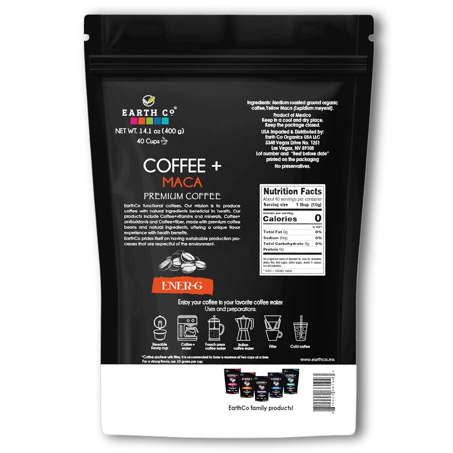 Earth Co I Ener-G | Coffee + Maca | Ground Coffee | Arabica I Medium Roast | Natural | Energy Boost | 400 gr/ 14.1oz