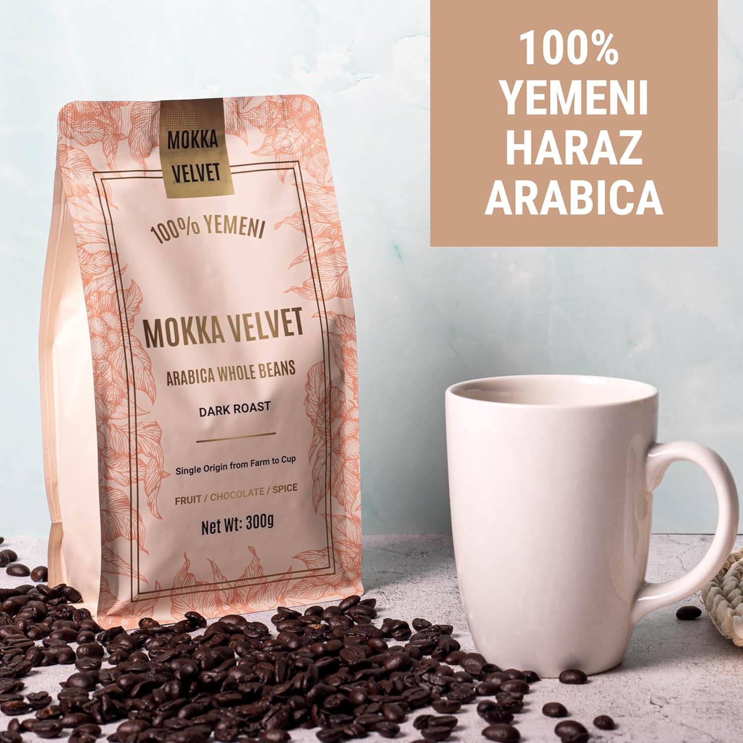 Mokka Velvet Yemeni Ground Coffee - Organically Grown Dark Roast Coffee Ground, Yemeni Coffee, Coffee Grounds, Organic Ground Coffee, Single Origin, 100% Harar Arabica, Resealable Bag 300g.