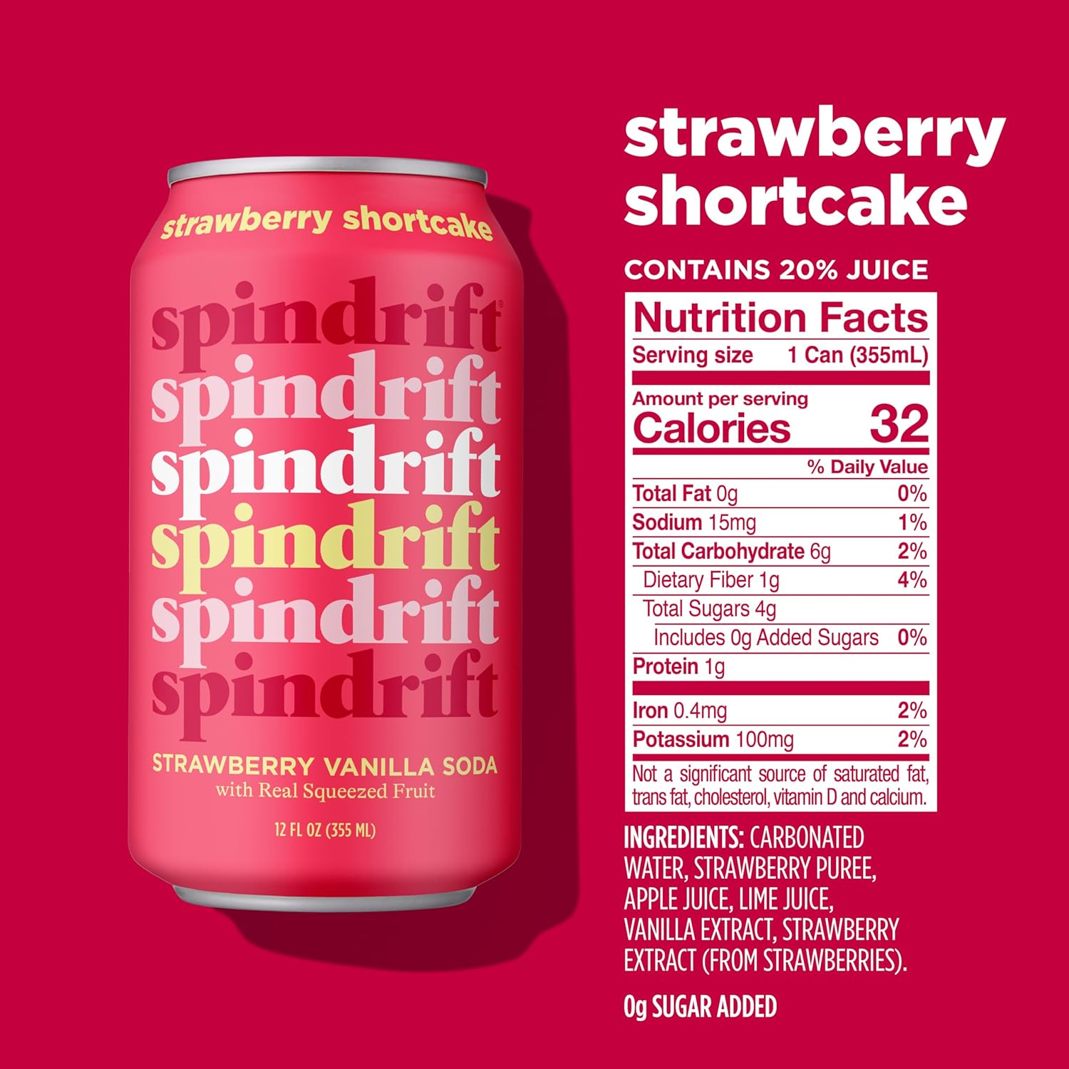 Spindrift Soda Strawberry Shortcake Soda with Real Squeezed Fruit 12 Pack Case