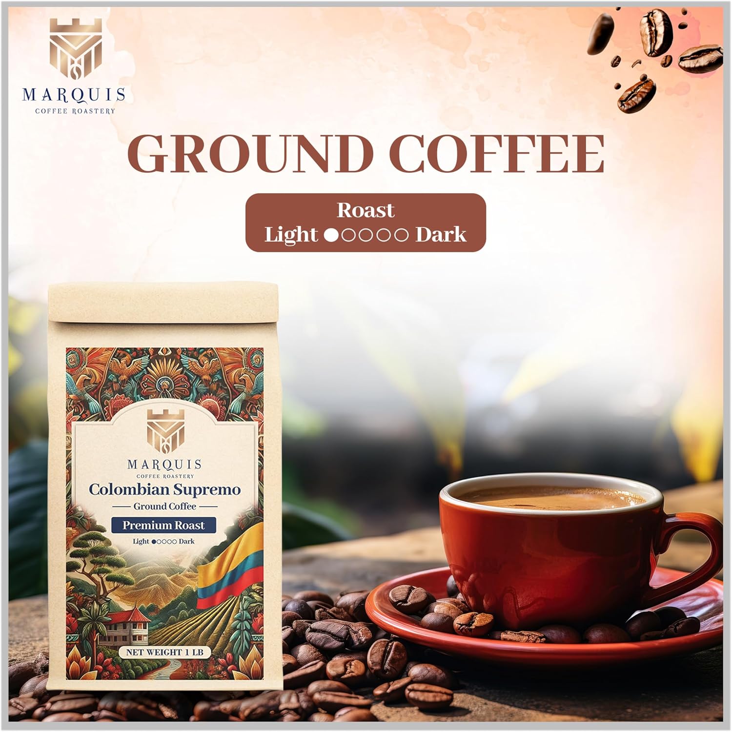 Marquis - Colombian Supremo Ground Coffee, Rich and Bold 100% Colombian Coffee, Fuller-Bodied & Very Well Balanced Colombian Coffee with a Heady Aroma, Premium Light Roast Ground Coffee, 1 lb