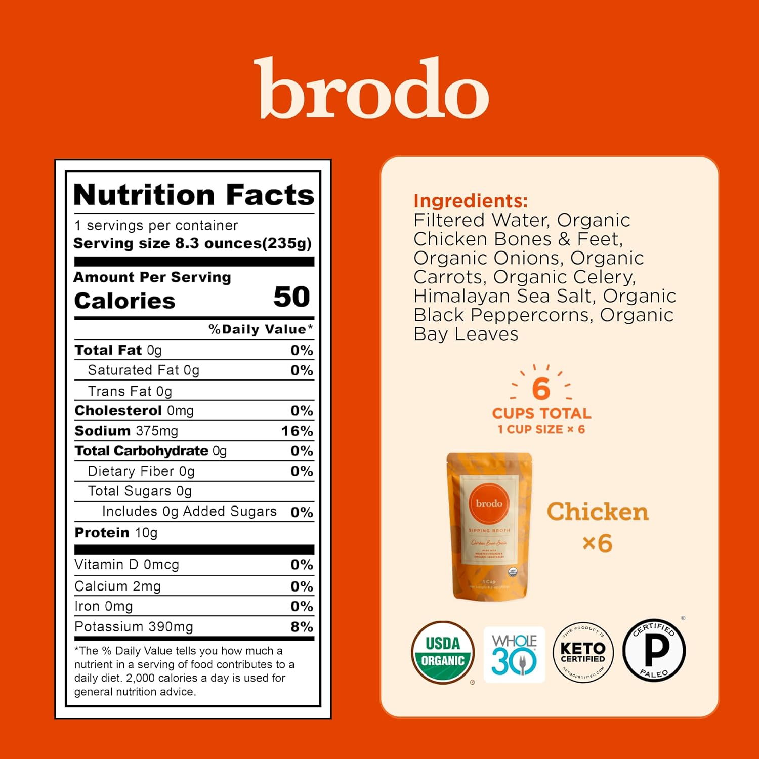 Brodo Organic Chicken Broth | Nutrient Dense, Chef Crafted Bone Broth in Single Serving Pouches | Not Made From Concentrate, No Preservatives (6x 8.3 oz Pouches)