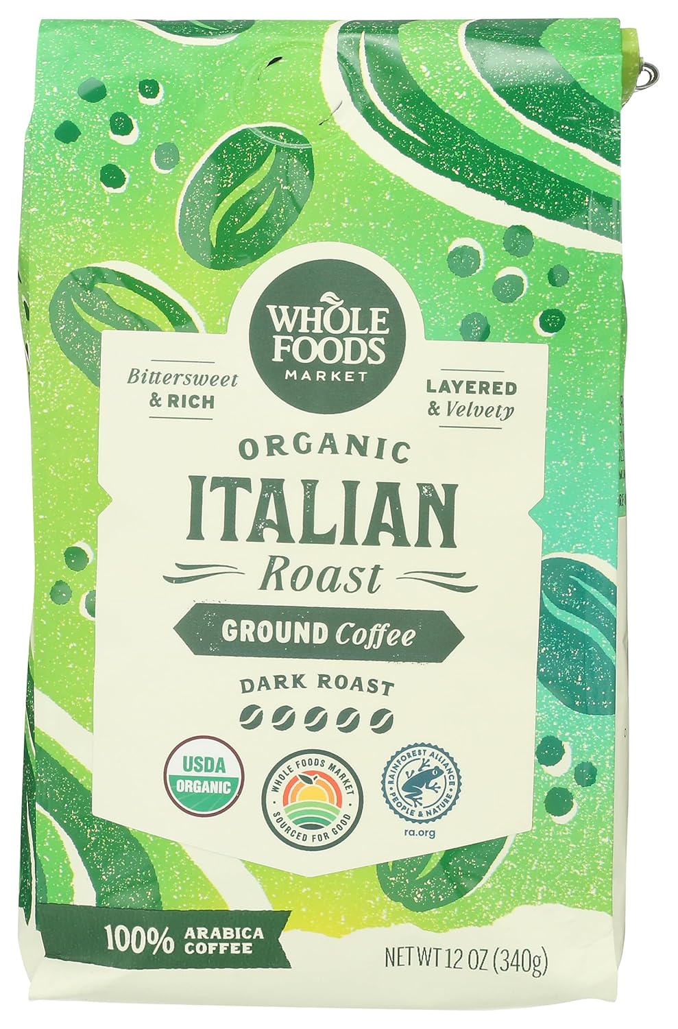 Whole Foods Market, Organic Ground Coffee, Dark Italian Roast, Bittersweet, Rich & Velvety, 12 Ounce