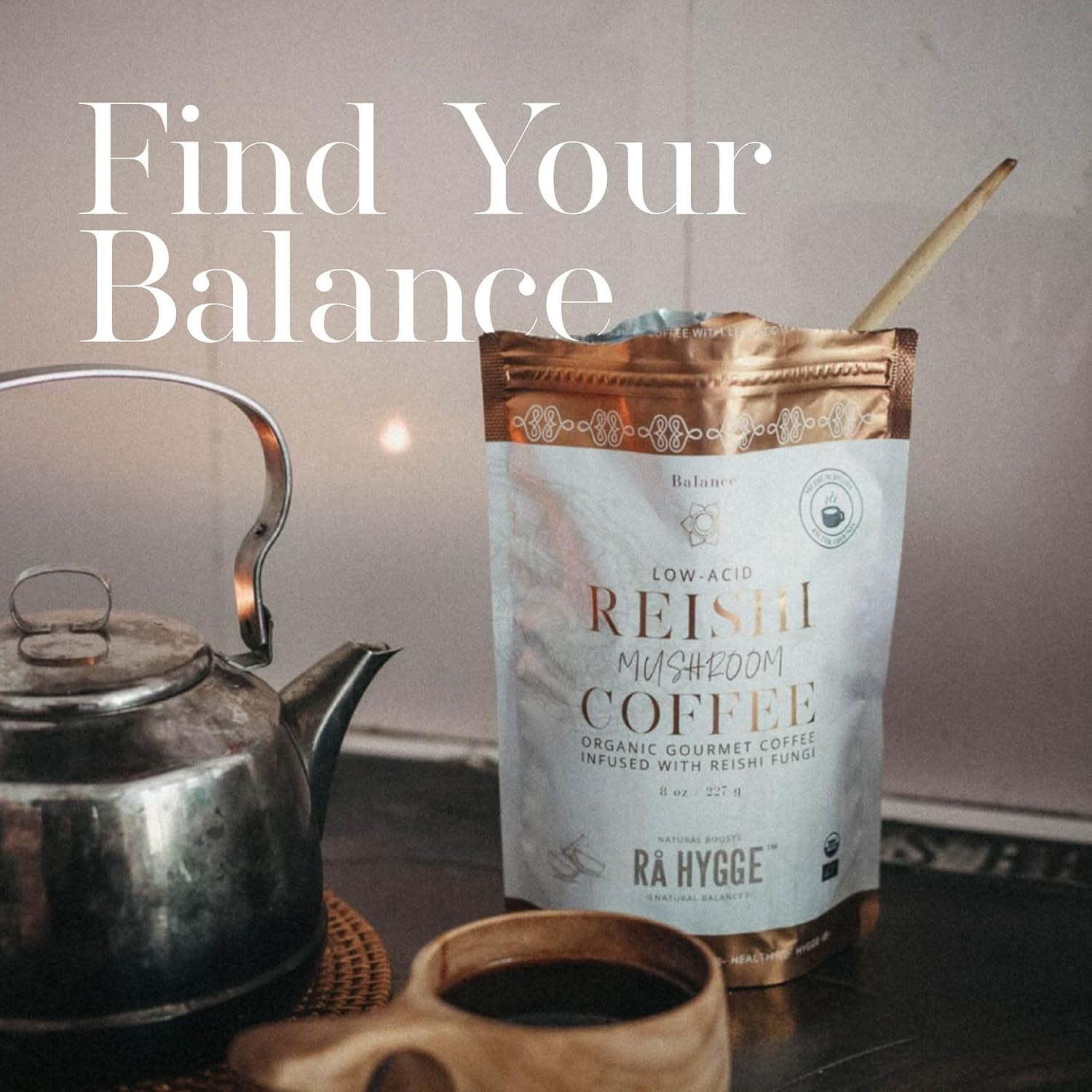 Rå Hygge Specialty Organic Ground Mushroom Coffee with Reishi - For Calm Energy, Relaxation & Balance - Healthy Coffee Alternative, Low-Acid Medium Roast, 8 oz (16 Cups), Roasted in Sweden