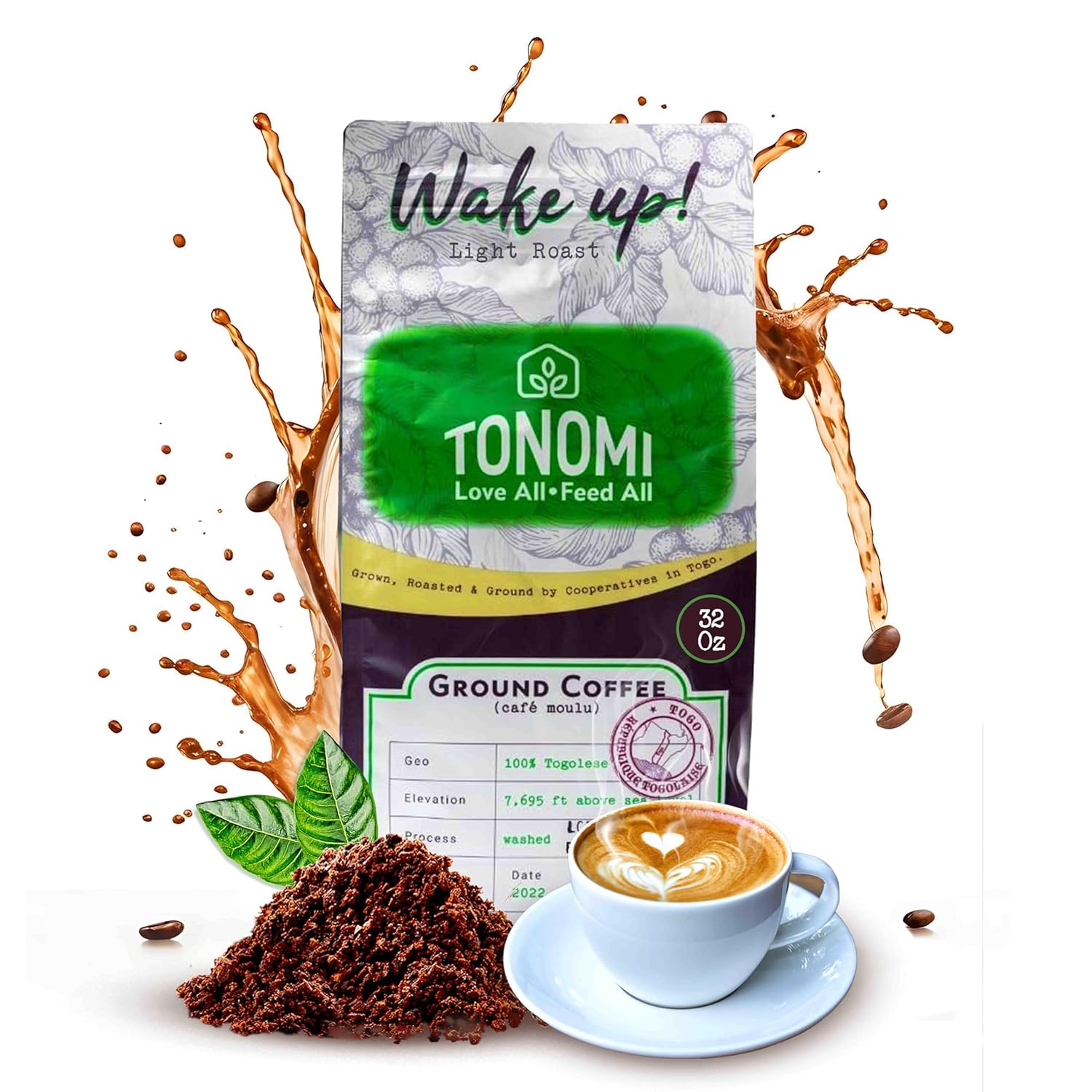 Tonomi Wake Up! Light Roast Ground Coffee - All Natural Blend with Hint of Vanilla, Chocolate & Caramel - Coarse Grounds for Cold Brew or Traditional Brewing - Caffeine Packed, 32oz