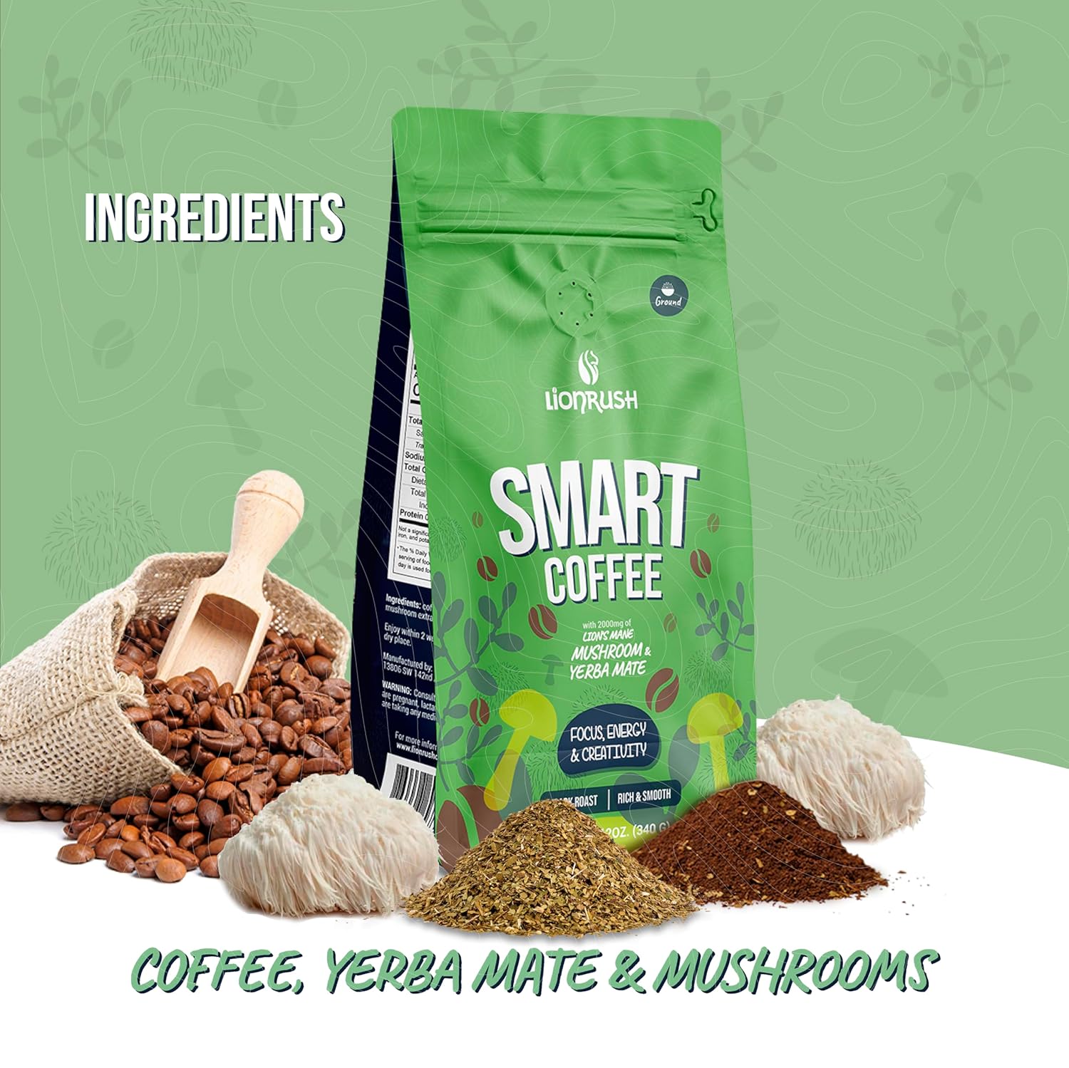 Lionrush Smart Coffee – Ground Dark Roast with Yerba Mate, Lion’s Mane & Adaptogens – Boost Focus, Energy & Creativity – Functional Coffee with Low Acid, Antioxidants – Keto, Non-GMO – 12oz Bag