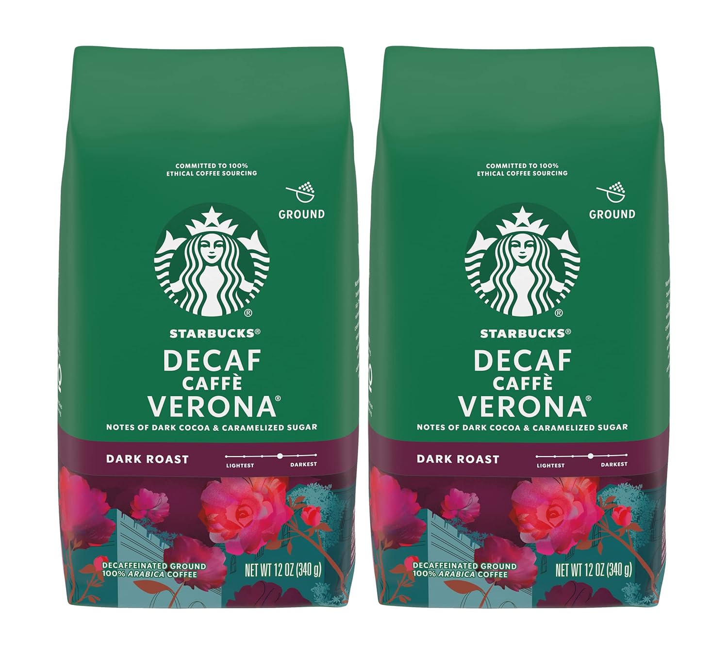 Starbucks Decaf Ground Coffee, Caffè Verona, Dark Roast Decaffeinated Ground 100% Arabica Coffee, Notes of Dark Cocoa & Caramelized Sugar, 12-Ounce Bag (Pack of 2)