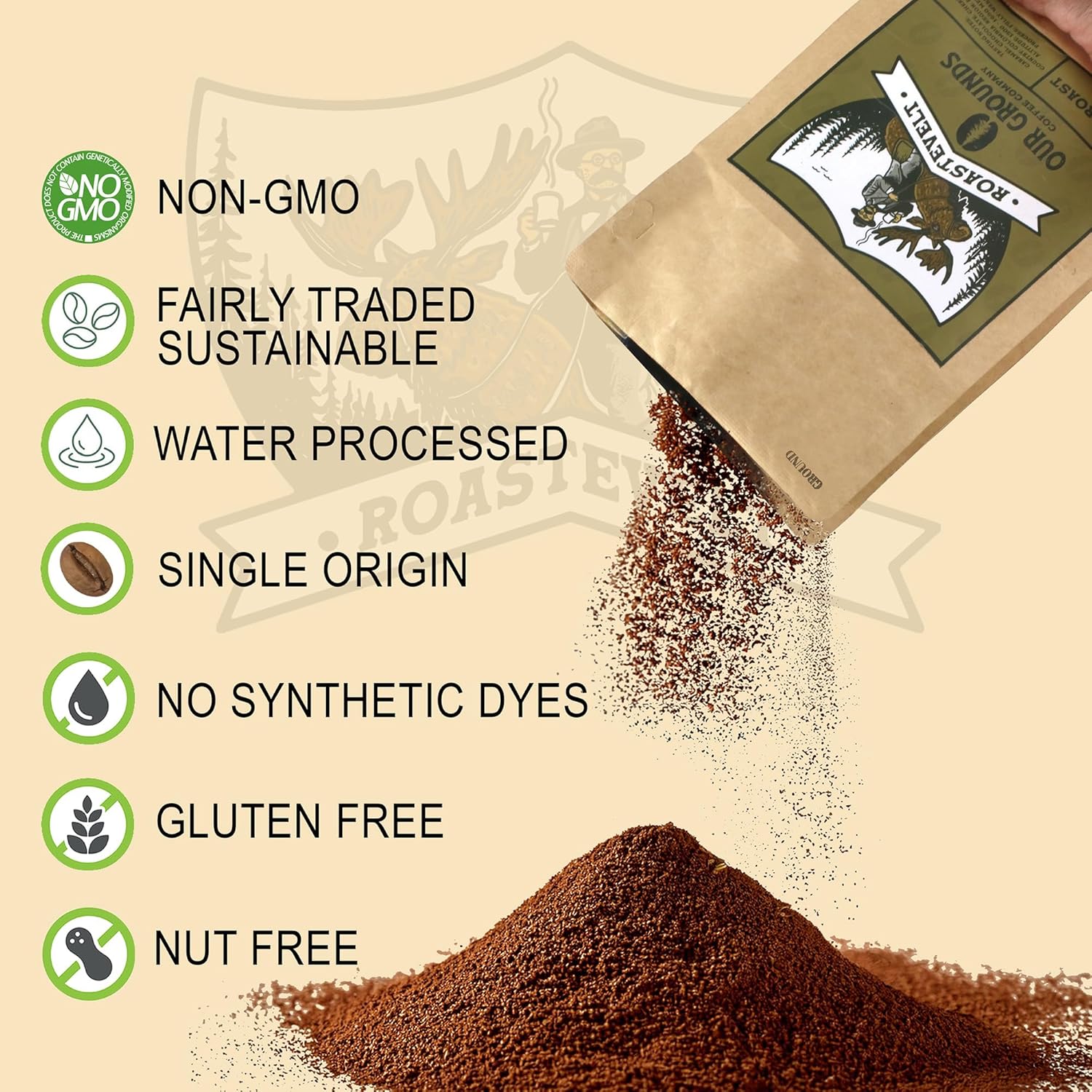 Our Grounds Coffee Roastevelt - Ground Medium Roast (100% Arabica Colombian Coffee) Non GMO- Low Acid- Single Origin - 12oz