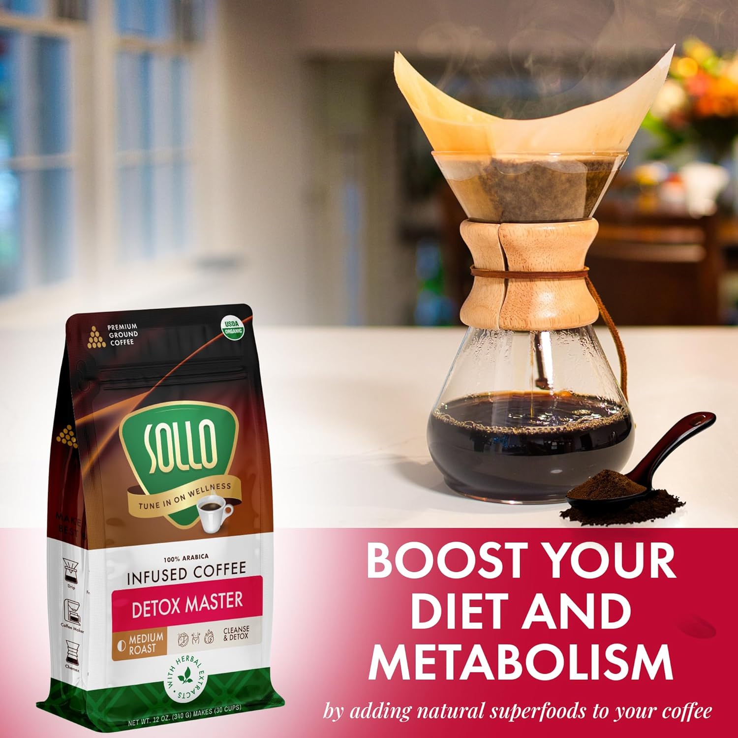 Sollo Detox Ground Infused Coffee for a Healthy Body Support, Medium Roast, Herbal with Garcinia, Ginseng Root, Goji, Cleanse & Digestive Health, 12 oz