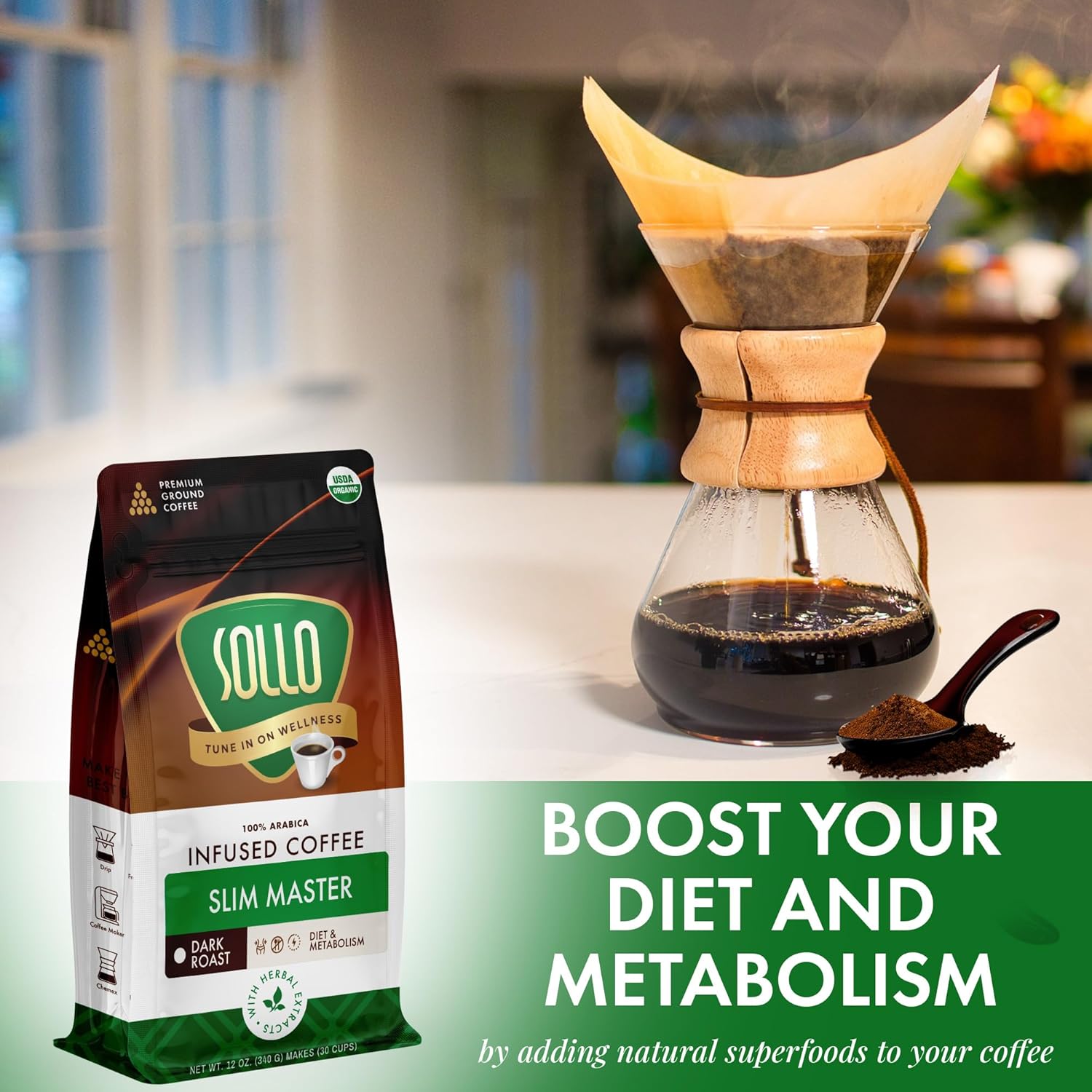 Sollo Organic Slim Ground Coffee - Infused Weight Loss Blend, Dark Roast, Bold & Smooth, 100% Arabica Specialty Grounds, 12 oz