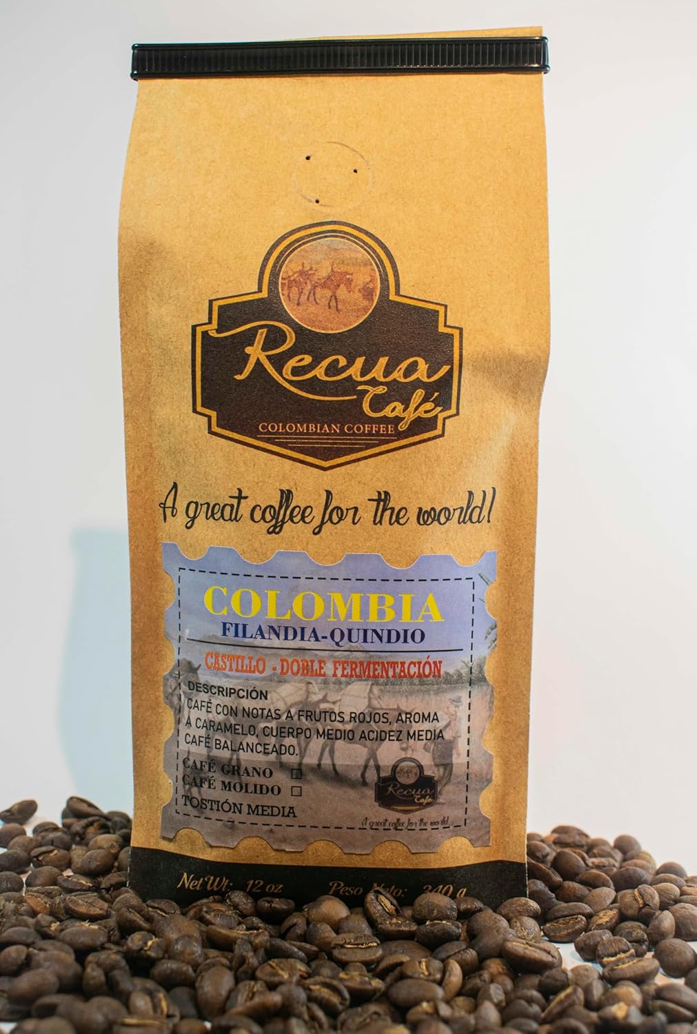 Recua Colombian Coffee - Colombian Whole Bean Coffee, Castillo Variety, Honey Process, Medium Roast, 340g Grown at 1500m in Filandia Quindío Colombia