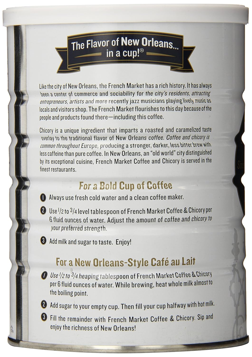 French Market Coffee, Coffee & Chicory Restaurant Blend, Medium-Dark Roast Ground Coffee, 12-Ounce Metal Can (Pack of 4)