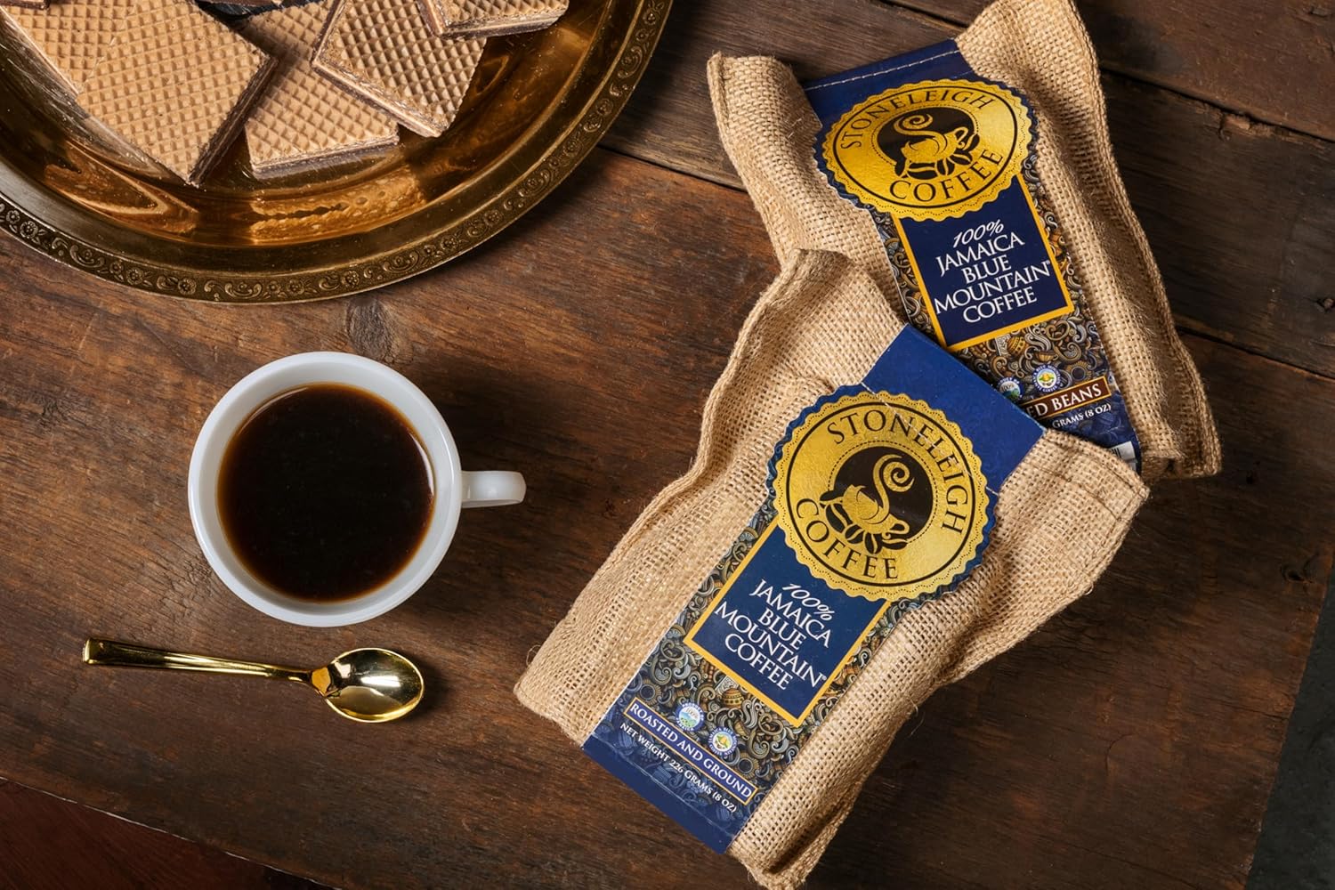 Stoneleigh Coffee – Grade A Jamaica Blue Mountain Coffee Premium Roasted & Ground - 8ozs – 100% Genuine Jamaican Product - Traditional Jamaican Crocus (Burlap) Bag Packed Ideal for Gifting