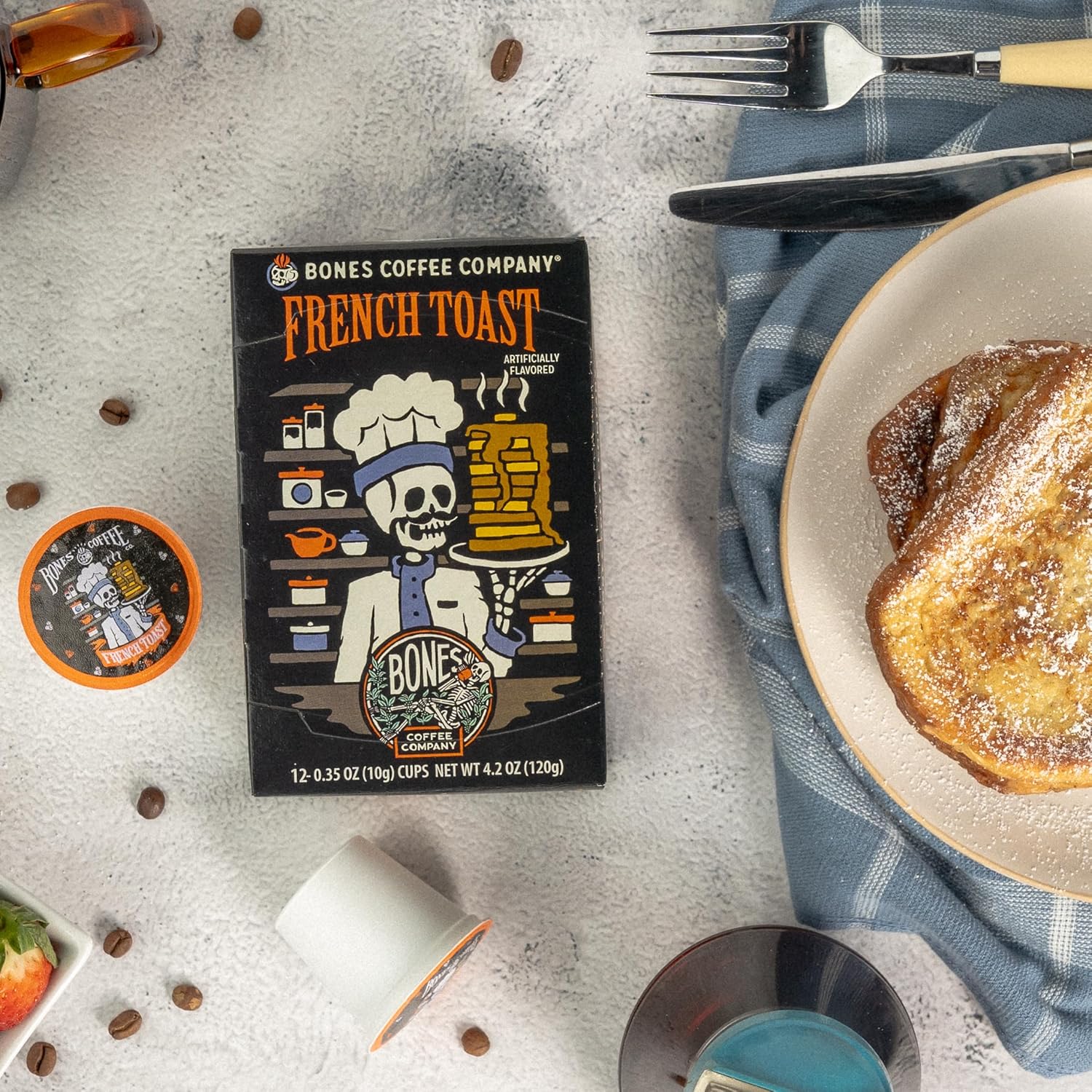 Bones Coffee Company Sinn 'O' Bun Ground Coffee Beans 12 oz and Bones Cups French Toast 12 ct Bundle
