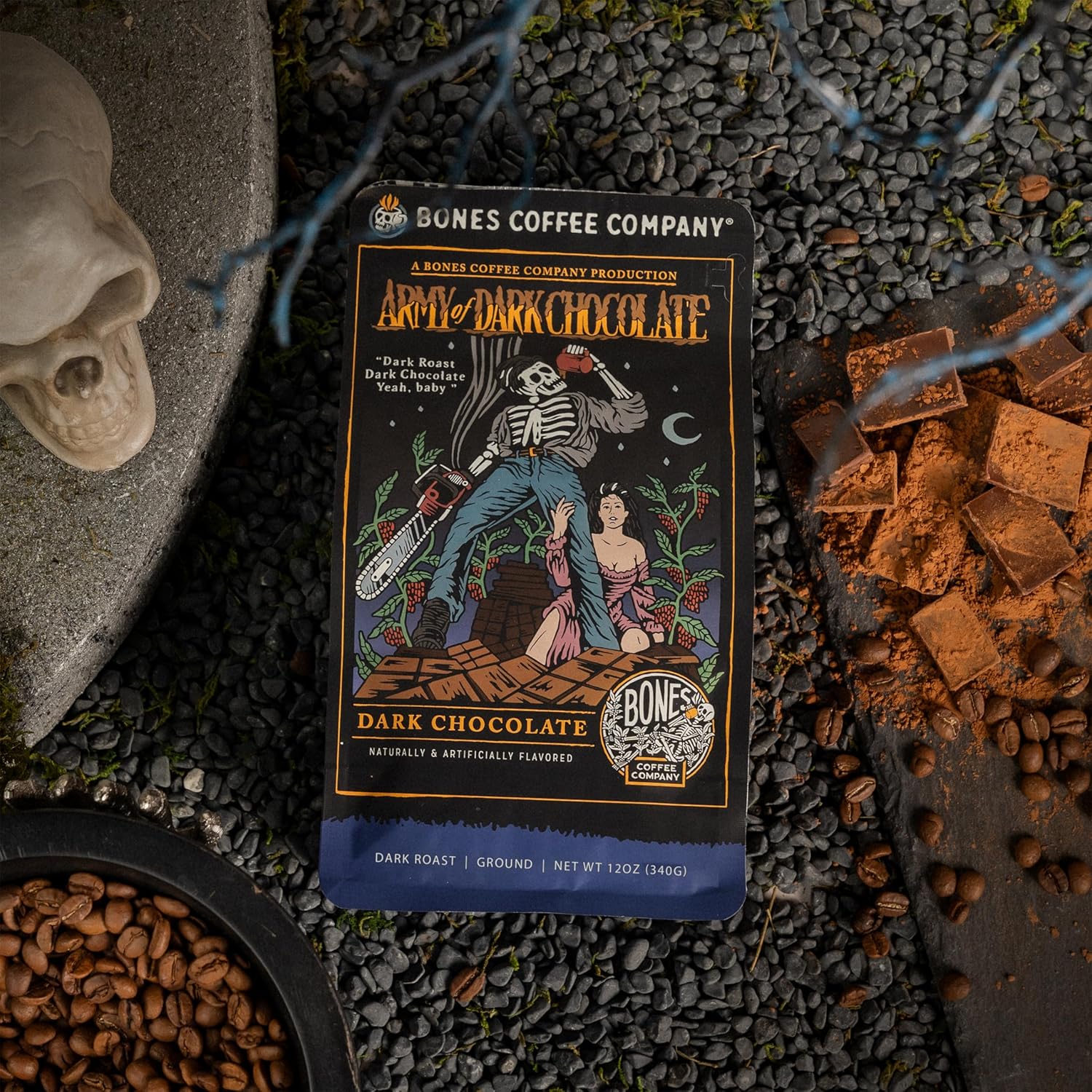 Bones Coffee Company Army of the Dark Chocolate and Sinn-O-Bunn Flavored Ground Coffee Beans Bundle | 12 oz Medium Roast Arabica Low Acid Coffee (Ground)