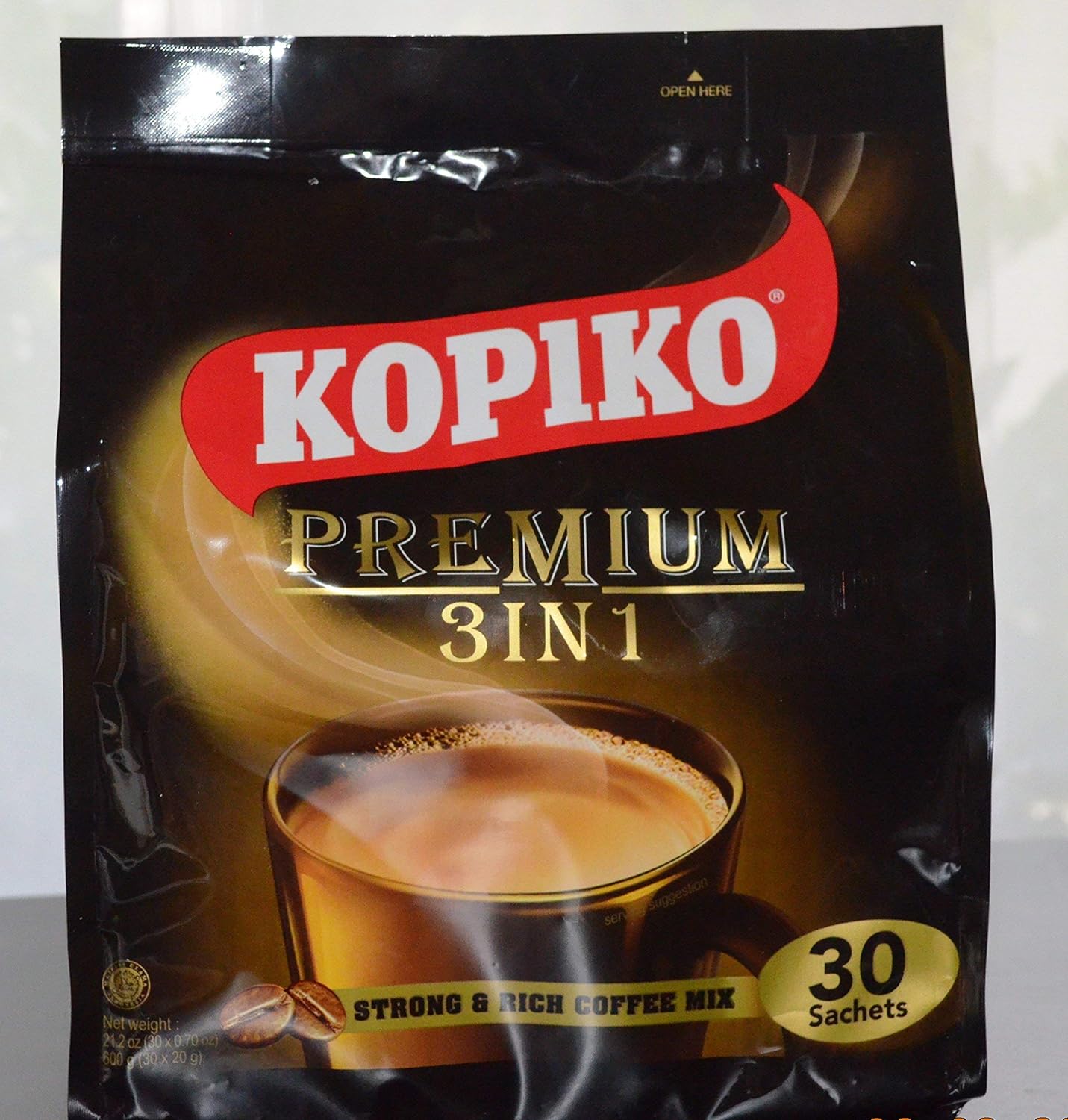 Kopiko Instant Premium 3 in 1 Coffee with Non Dairy Creamer and Sugar 30 Count Per Bag