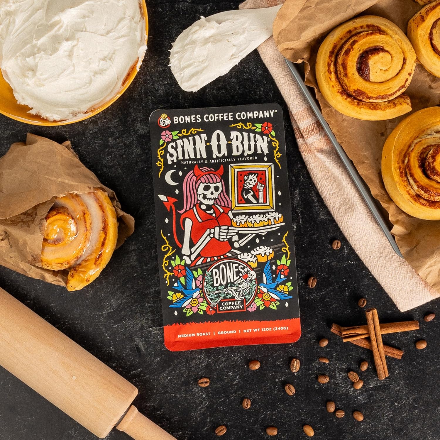 Bones Coffee Company Sinn 'O' Bun Ground Coffee Beans 12 oz and Bones Cups Sinn 'O' Bun 12 ct Bundle