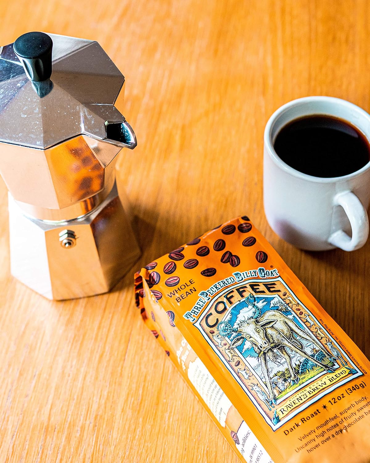 Raven's Brew Coffee Three Peckered Billy Goat, 12 Ounce - Dark Roast - Full Body with a Long Sweet Finish (Organic Ground, 12 oz)