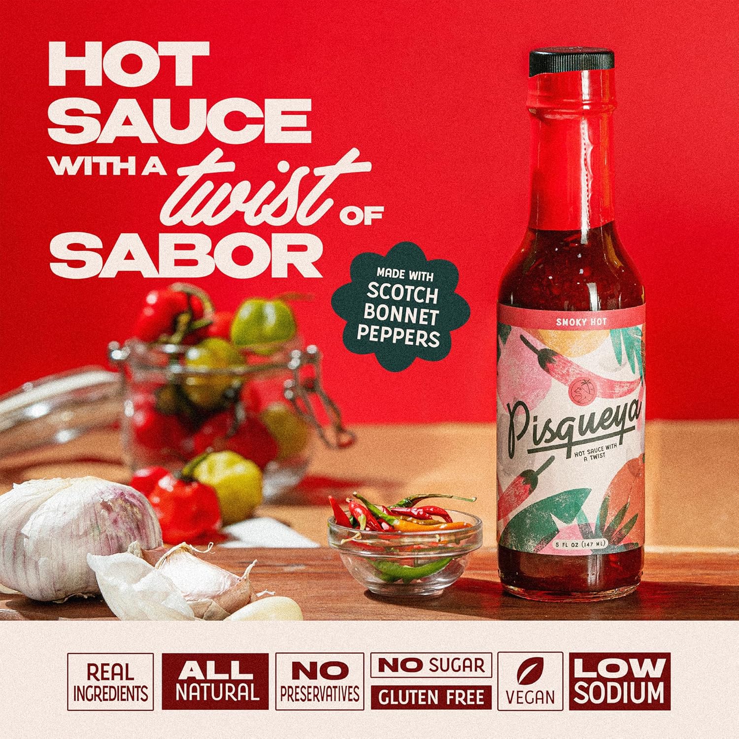PISQUEYA Hot Sauce - Gourmet Hot Like Fuego with Caribbean Scotch Bonnet Peppers - Plant Based, No Sugar, Low Sodium, Gluten Free - You Can Really Taste the Peppers - 5 oz.