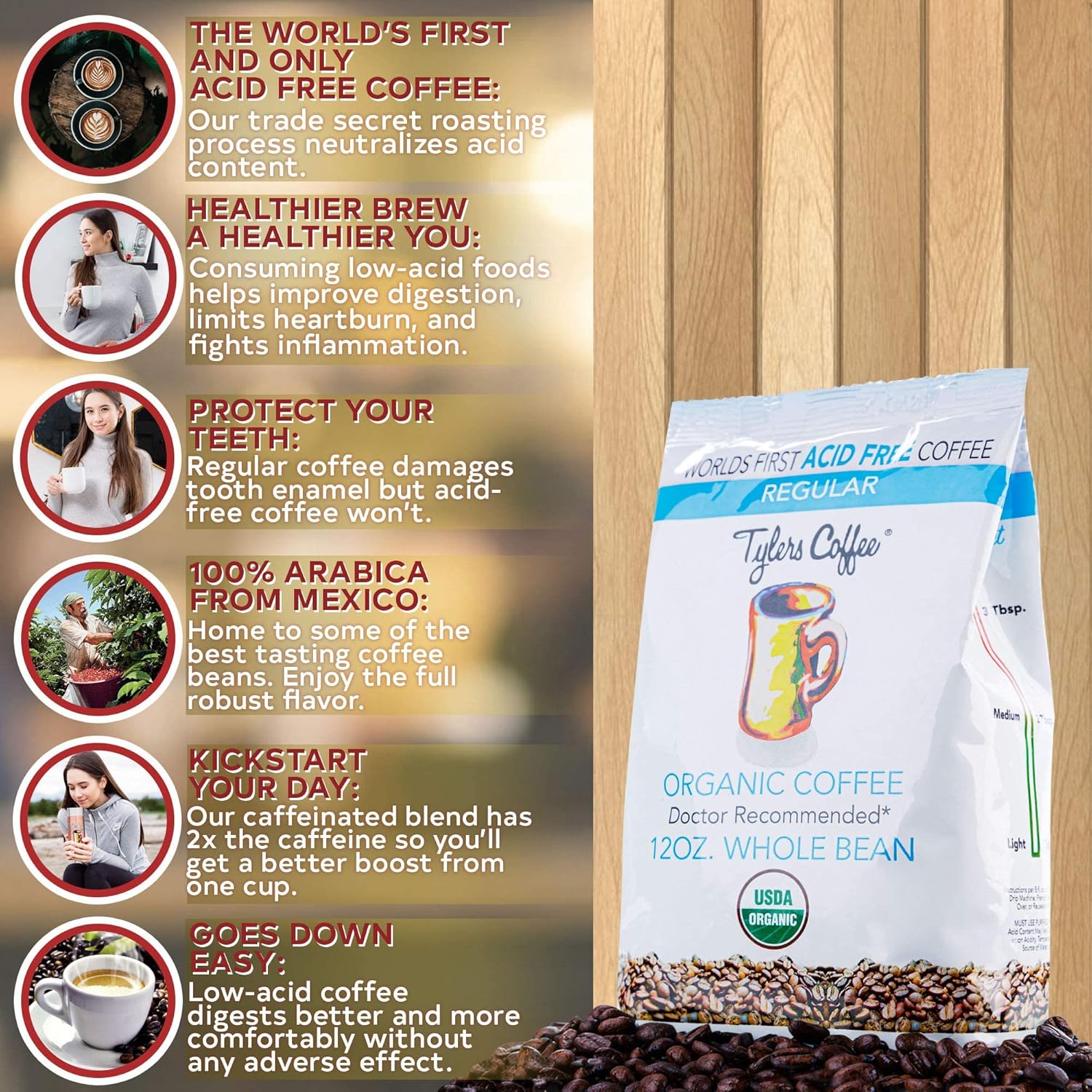 Tyler’s Acid Free Organic Whole Beans - 100% Arabica Full Flavor - Caffeinated No Bitter Aftertaste - For Acid Free Diets- Natural and Organic Blend for Common GI Issues 12 oz