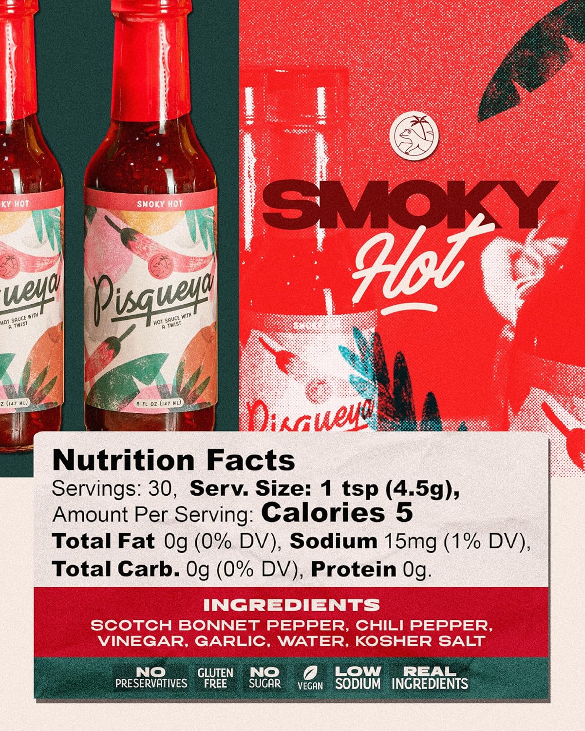 PISQUEYA Hot Sauce - Gourmet Hot Like Fuego with Caribbean Scotch Bonnet Peppers - Plant Based, No Sugar, Low Sodium, Gluten Free - You Can Really Taste the Peppers - 5 oz.