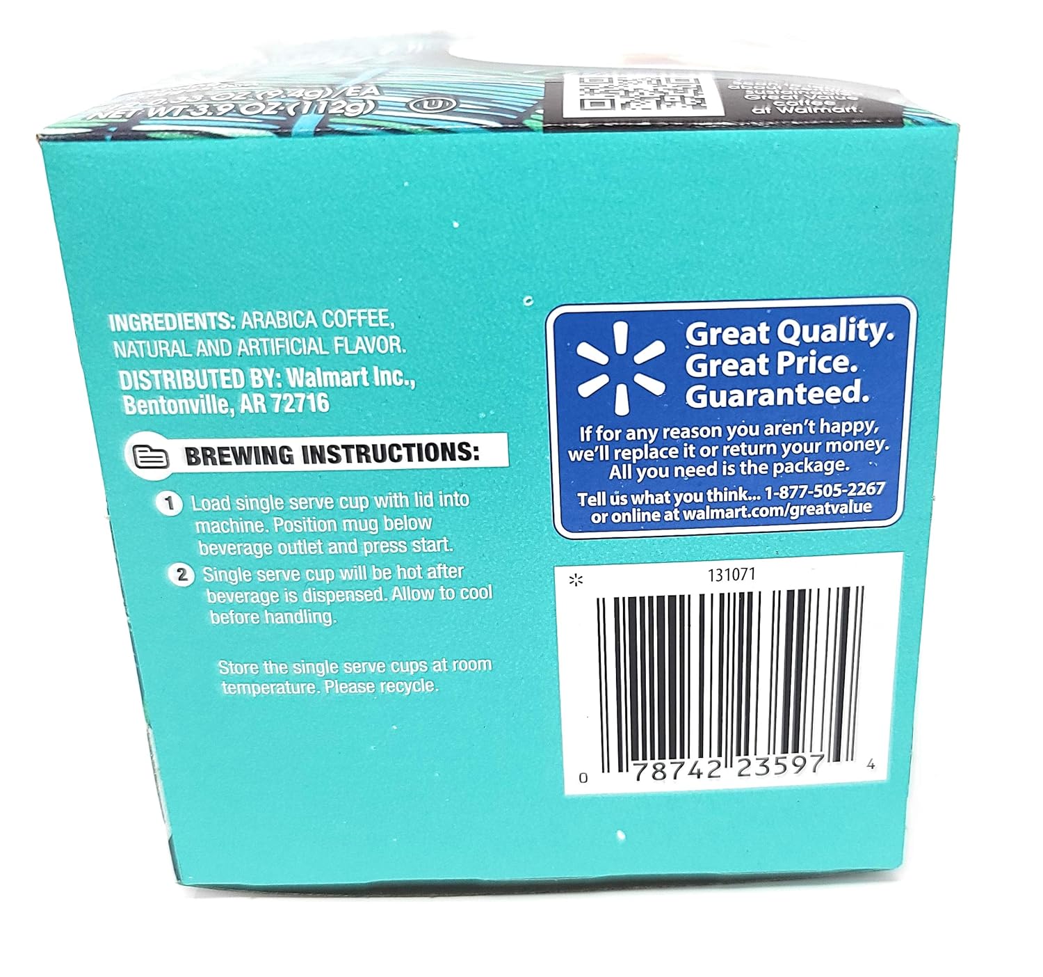 Great Value Toasted Coconut Artificially Flavored Ground Coffee - Light Arabica Coffee 12 counts Net WT 3.9 OZ (112g)