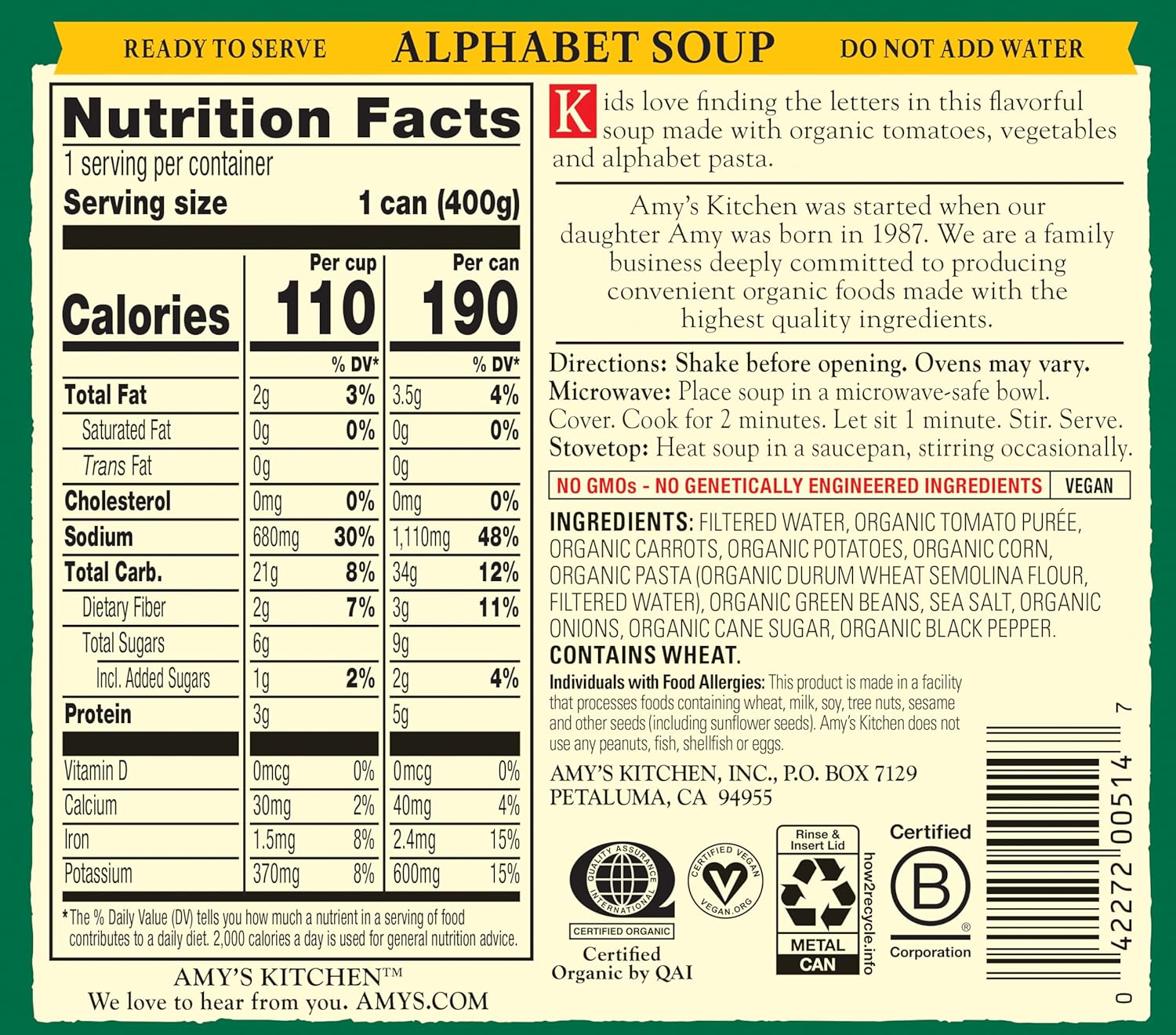 Amy’s Soup, Vegan Alphabet Soup, Low Fat, Made With Organic Potatoes, Carrots and Green Beans, Canned Soup, 14.1 Oz (12 Pack)