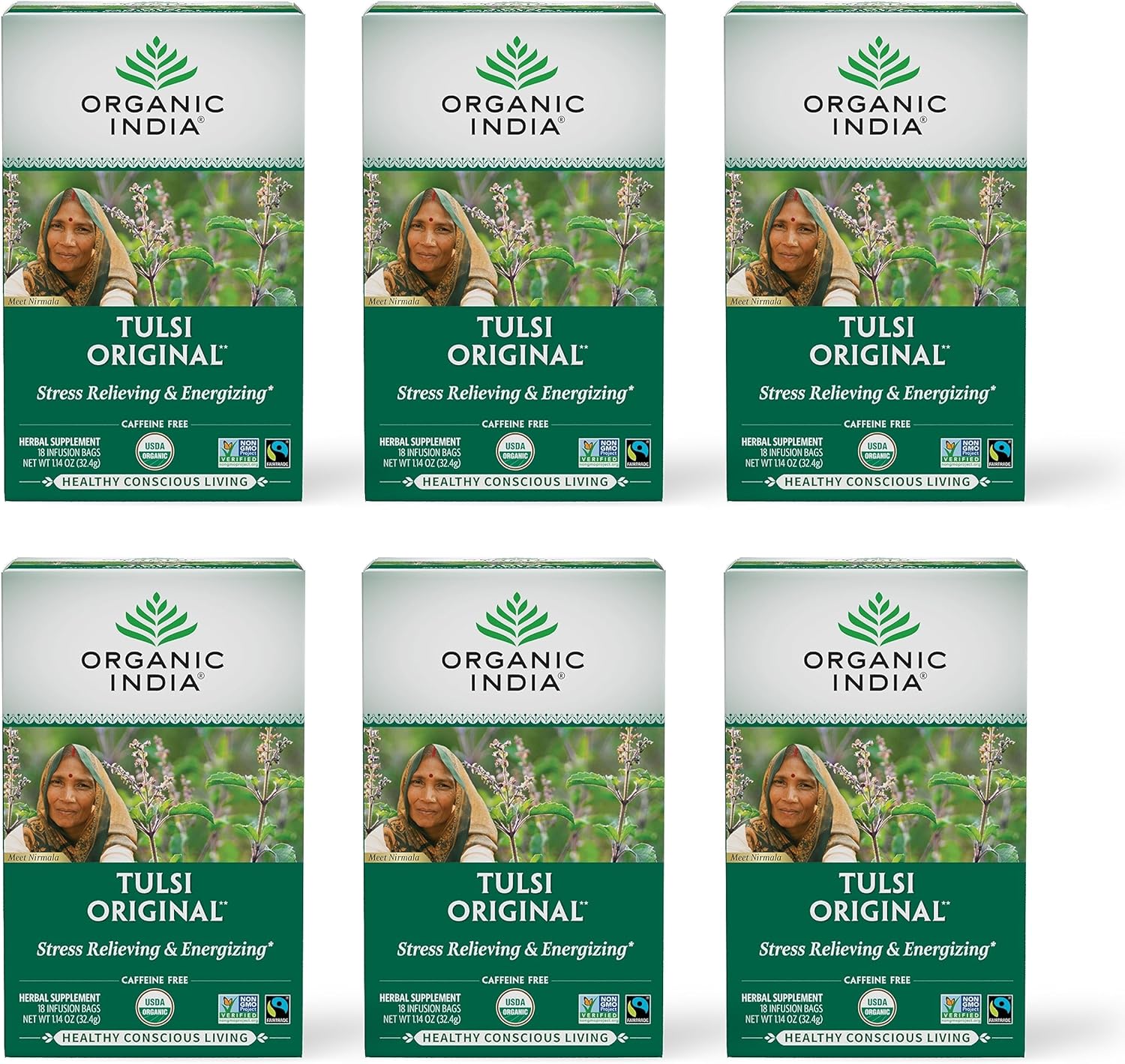 ORGANIC INDIA Tulsi Original Herbal Tea - Holy Basil and African Basil Calming and Stress Relief Tea, Immune Support, USDA Certified Organic, Non-GMO, Caffeine-Free - 18 Infusion Bags, 6 Pack