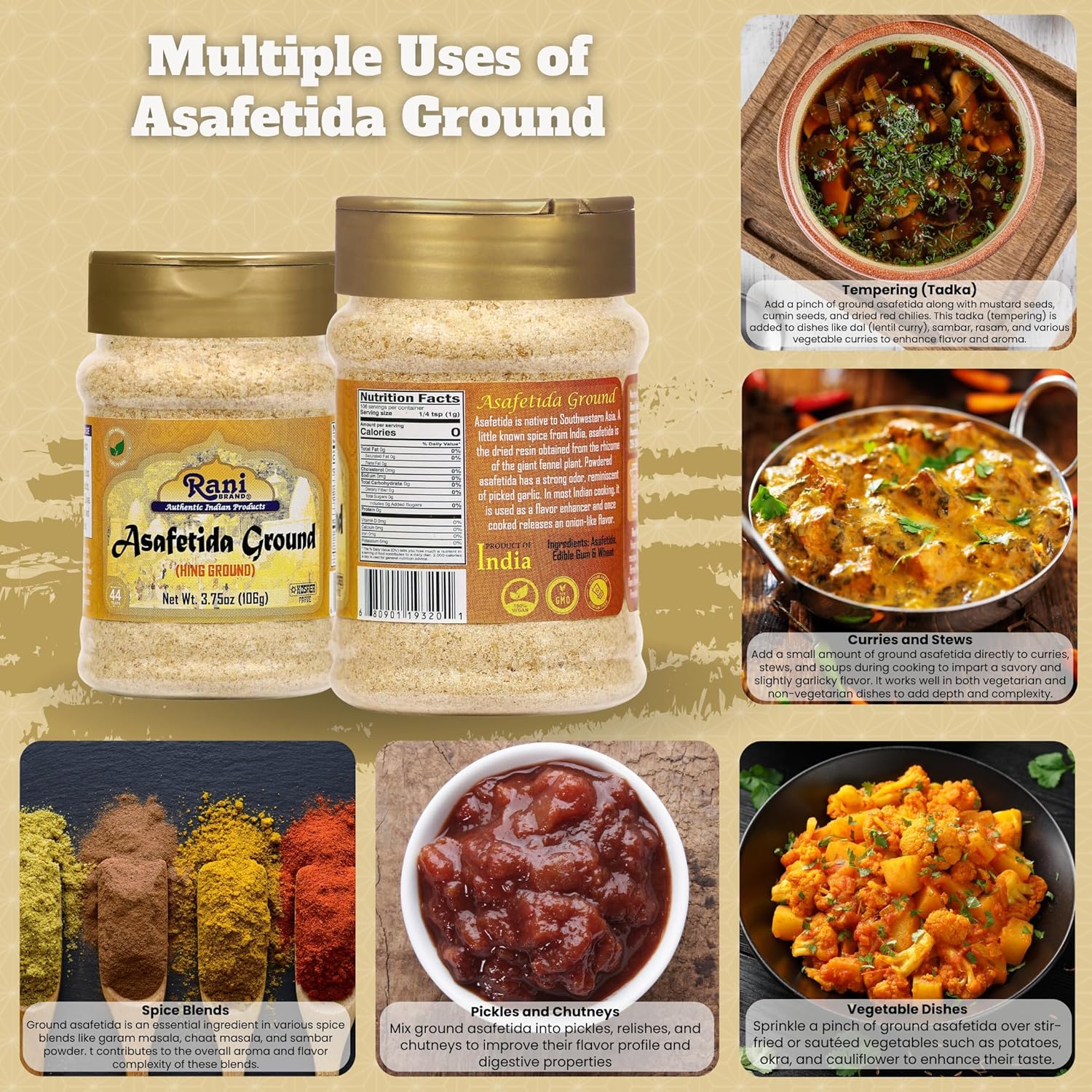 Rani Asafetida (Hing) Ground 3.75oz (106g) PET Jar ~ All Natural | Salt Free | Vegan | Non-GMO | Asafoetida Indian Spice | Best for Onion Garlic Substitute