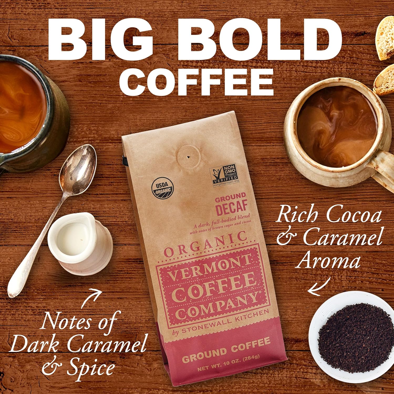 Vermont Coffee Company Decaf Roast, Ground Arabica Coffee, Organic, Non-GMO, 10 Ounce Bag