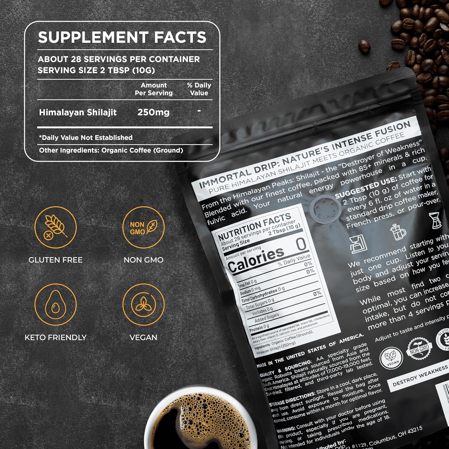 Shilajit Coffee - Immortal Drip, Organic Dark Roast Ground Coffee, Himalayan Shilajit-Infused, High-Caffeine, Vitamins - Fulvic Acid & 85+ Minerals